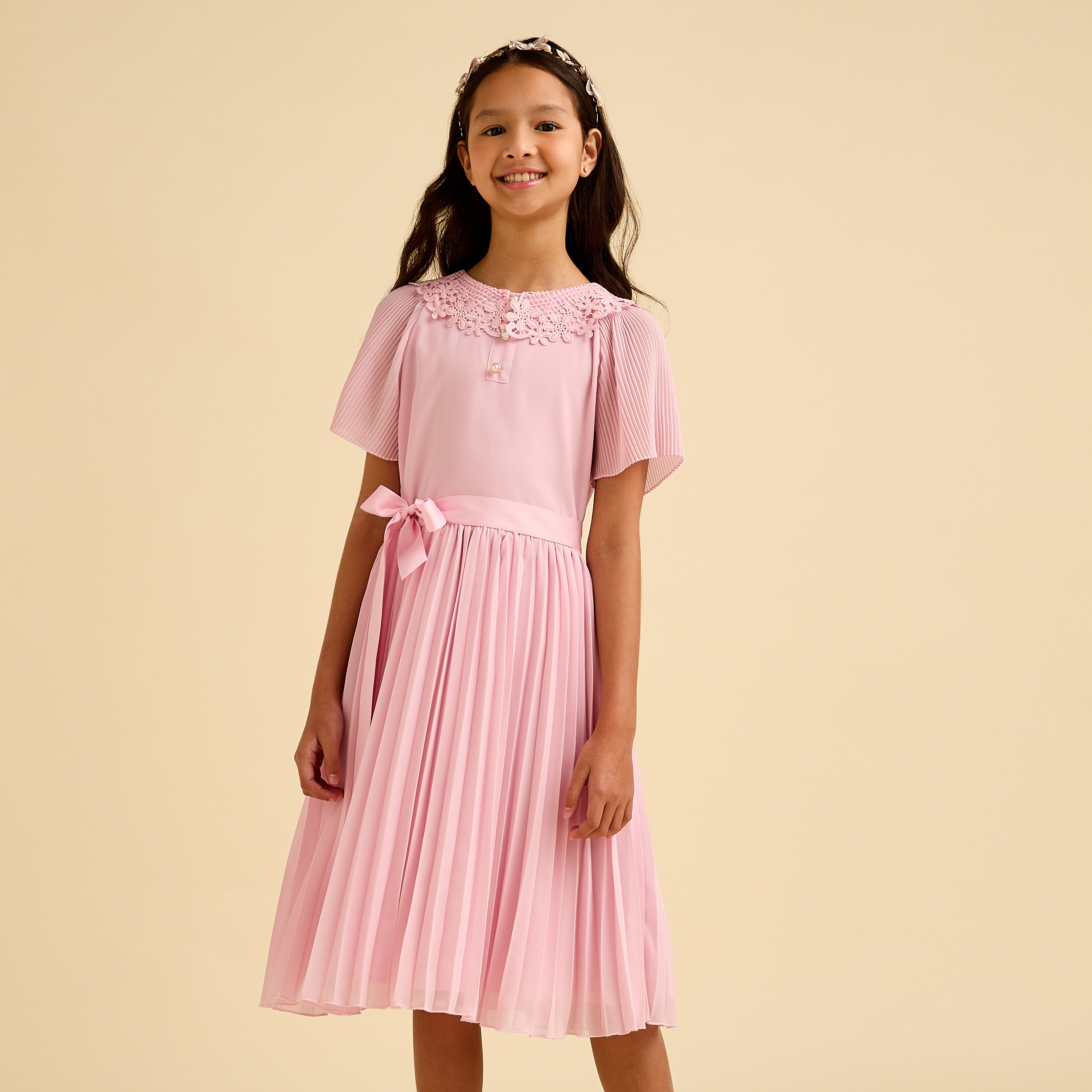 Juniors Collared Short Sleeve Dress with Tie-Up Belt-girls-clothing-dressesandjumpsuits-image-2