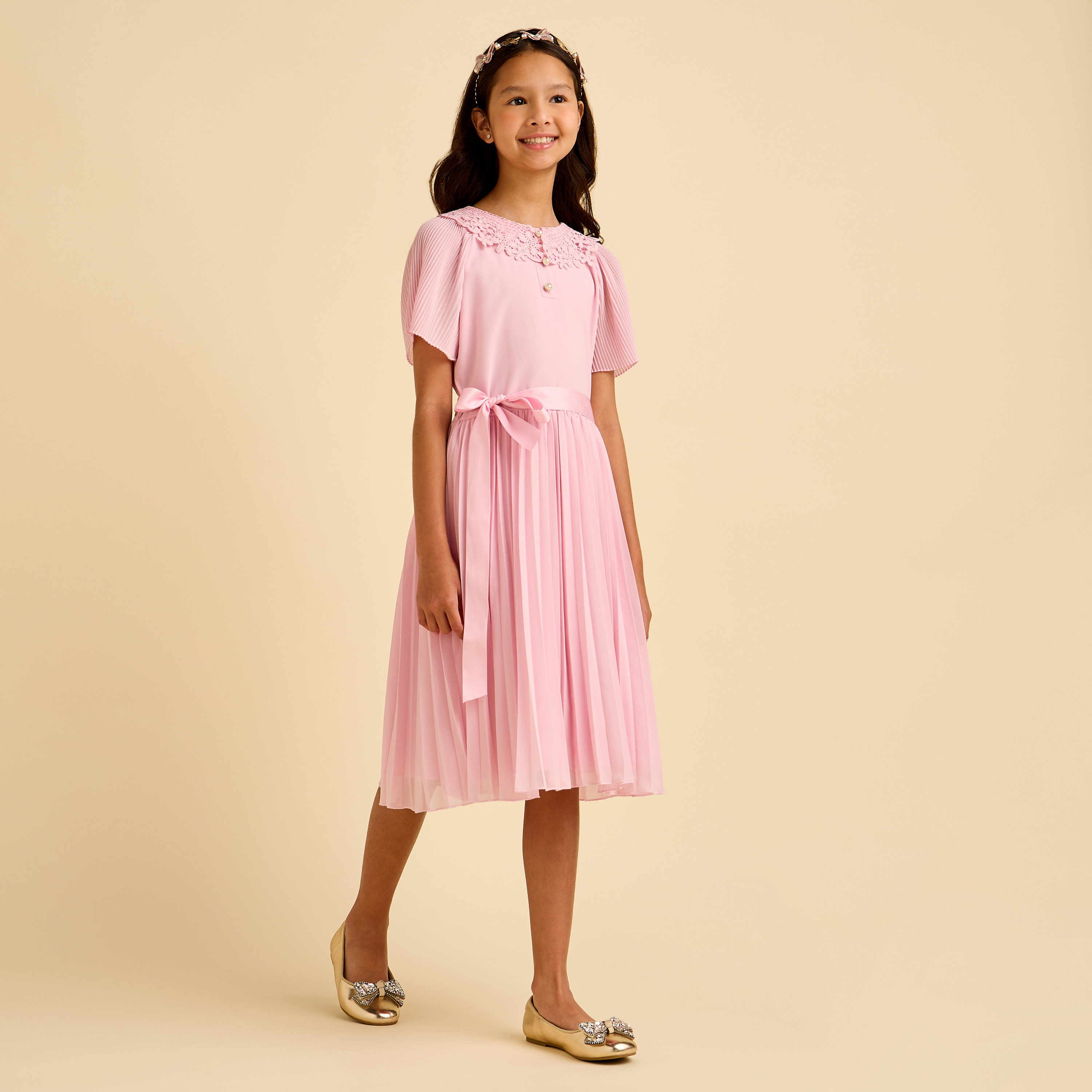 Juniors Collared Short Sleeve Dress with Tie-Up Belt-girls-clothing-dressesandjumpsuits-image-3