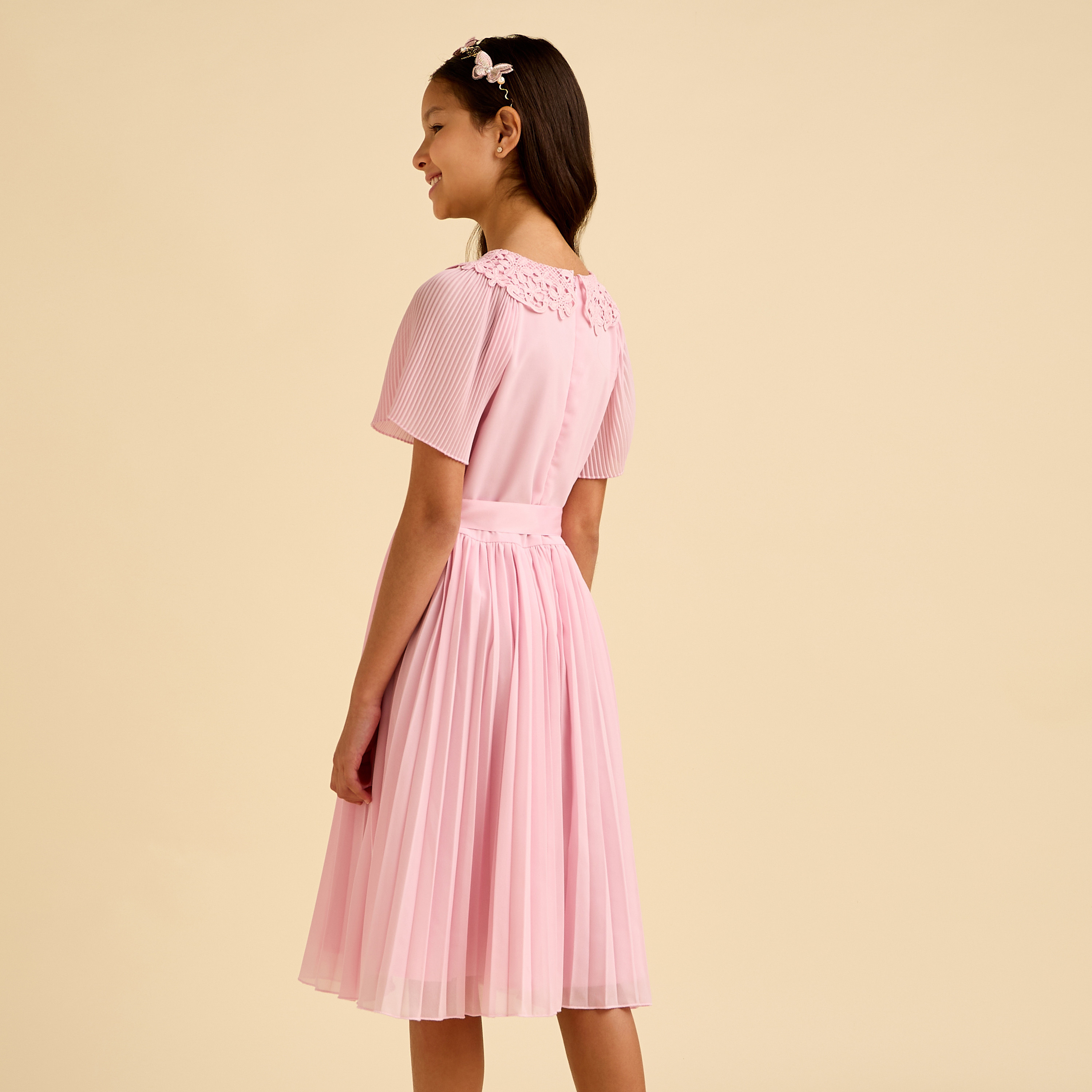 Juniors Collared Short Sleeve Dress with Tie-Up Belt-girls-clothing-dressesandjumpsuits-image-4