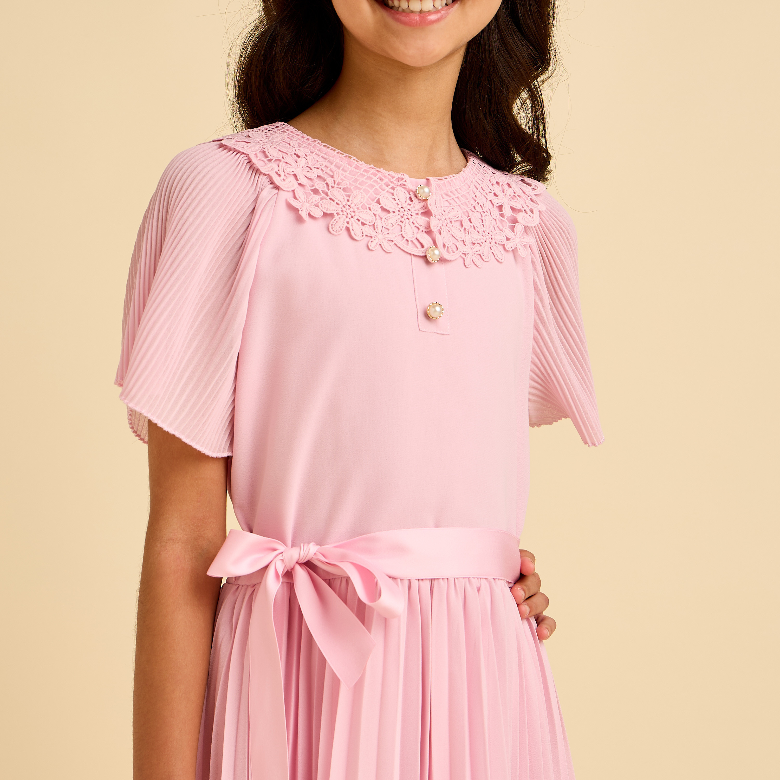 Juniors Collared Short Sleeve Dress with Tie-Up Belt-girls-clothing-dressesandjumpsuits-image-5