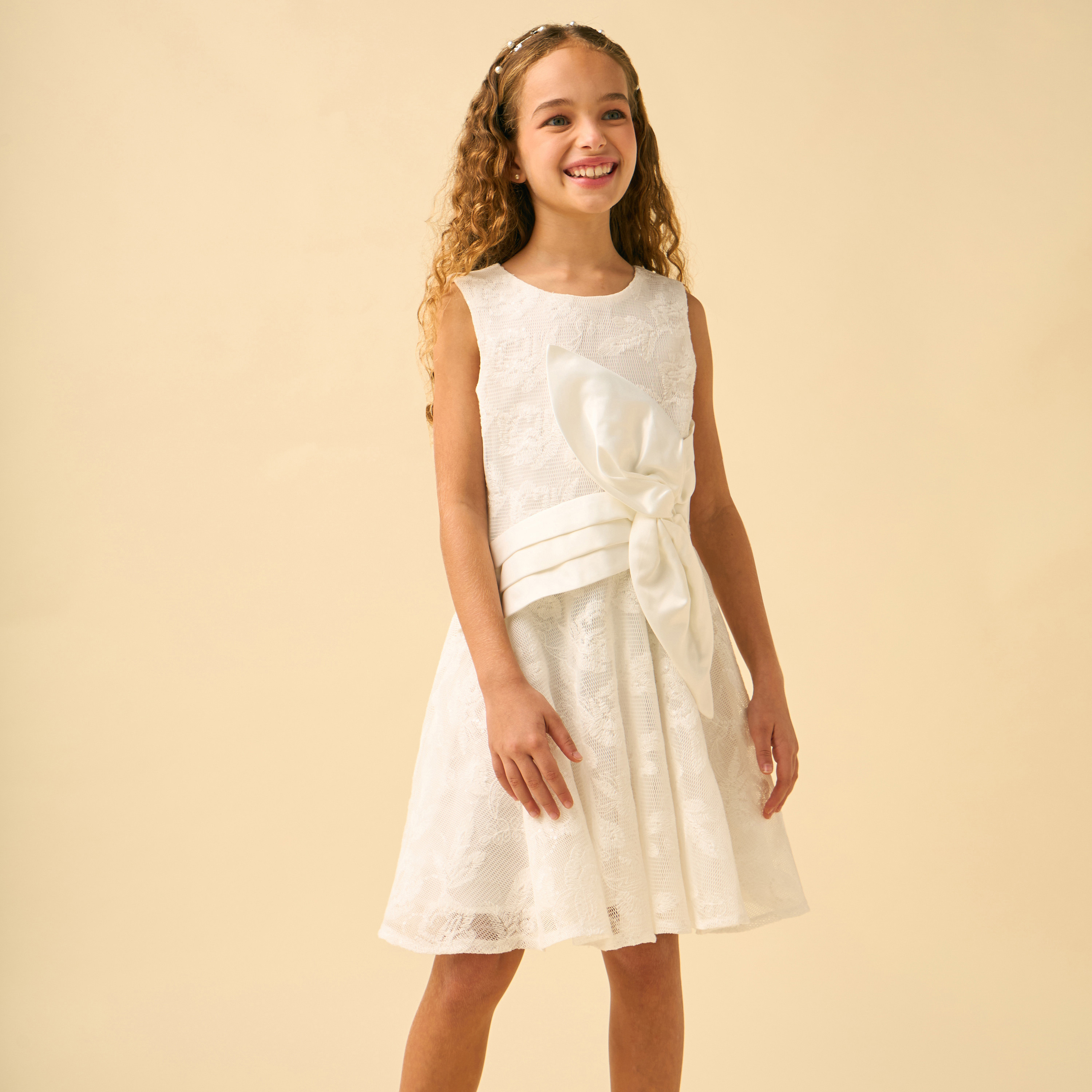 Juniors Round Neck Sleeveless Knee Length A-line Dress with Bow Accent-girls-clothing-dressesandjumpsuits-image-2