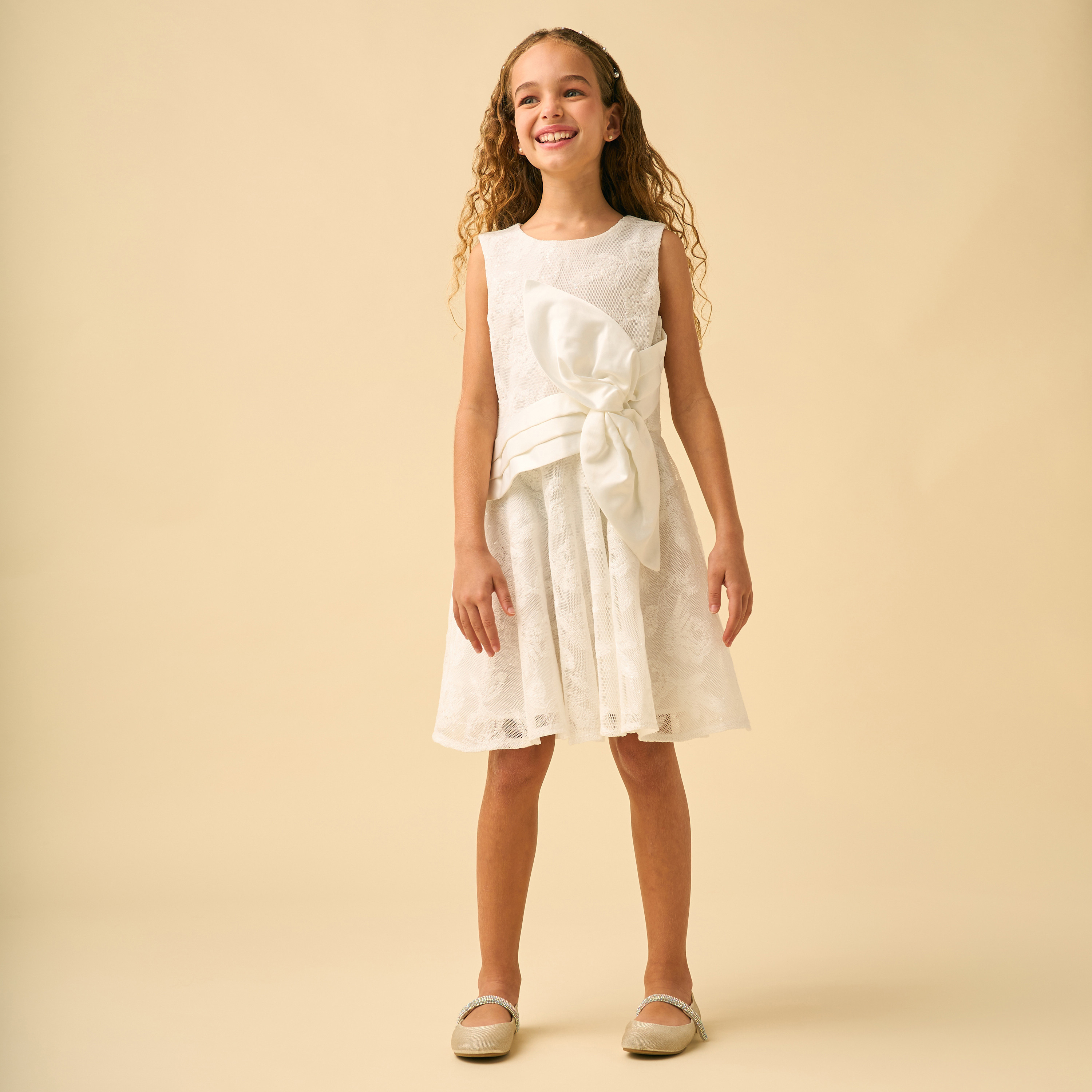 Juniors Round Neck Sleeveless Knee Length A-line Dress with Bow Accent-girls-clothing-dressesandjumpsuits-image-3