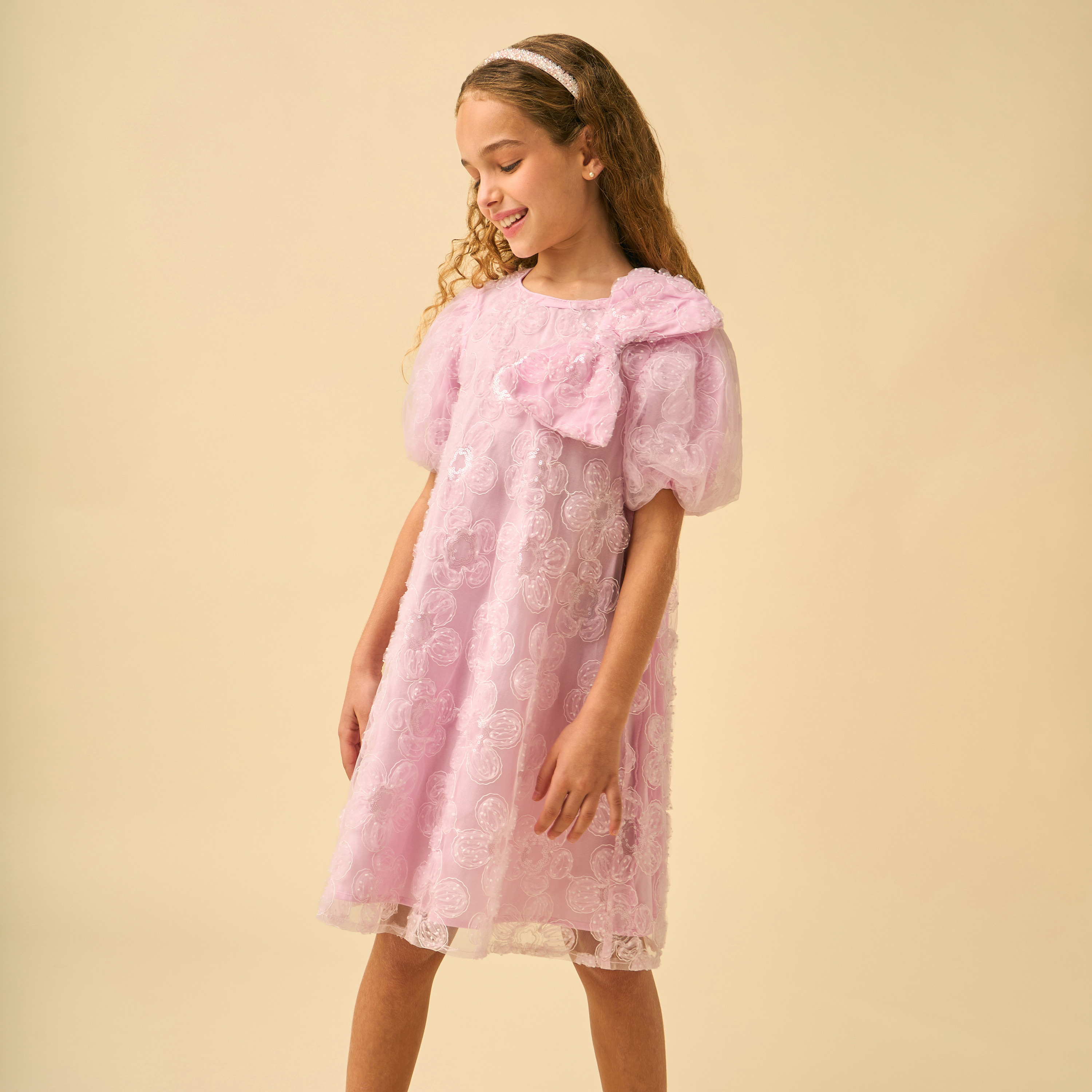 Juniors Round Neck Short Sleeves Knee Length A-line Dress with Embroidery and Sequin Embellishments-girls-clothing-dressesandjumpsuits-image-2