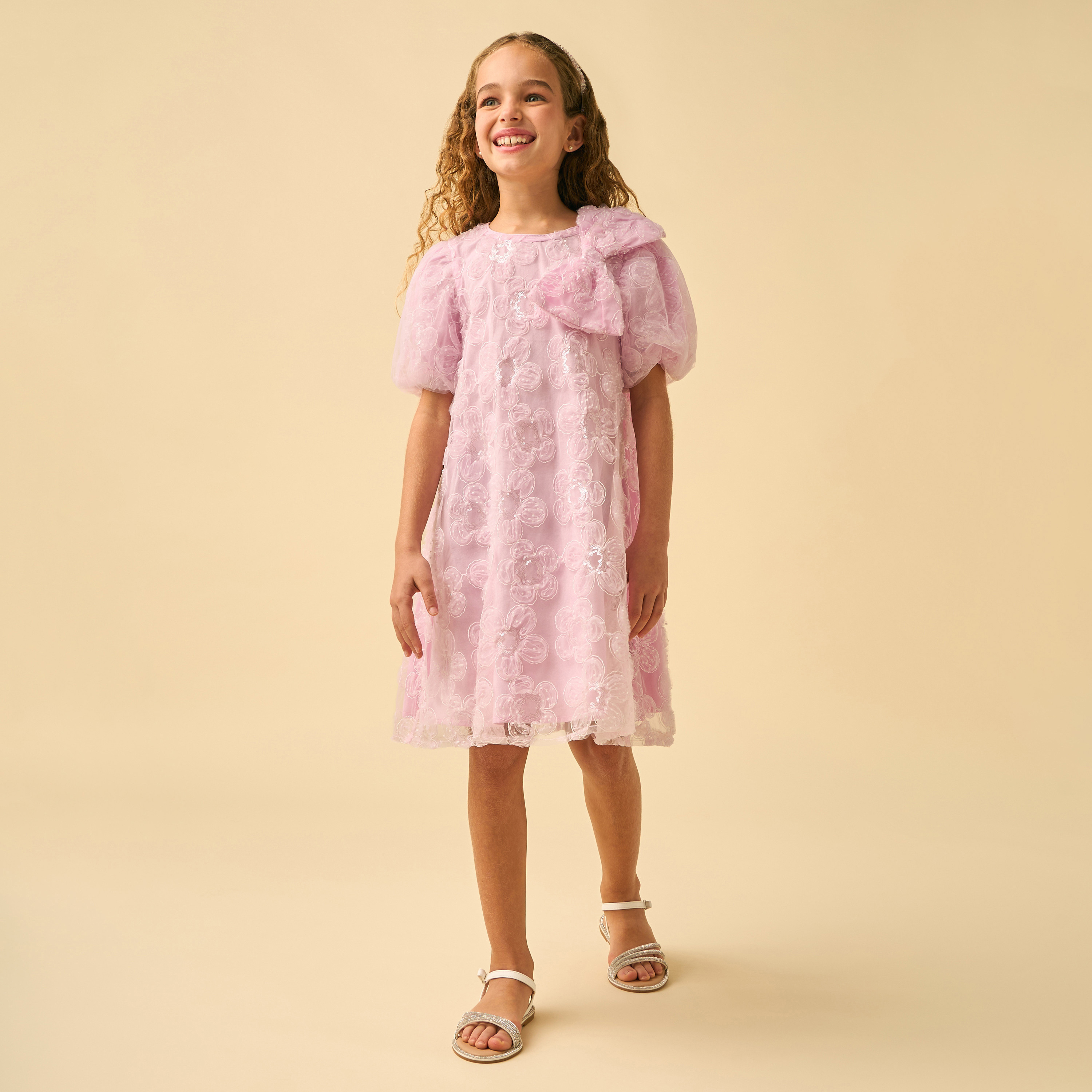 Juniors Round Neck Short Sleeves Knee Length A-line Dress with Embroidery and Sequin Embellishments-girls-clothing-dressesandjumpsuits-image-3