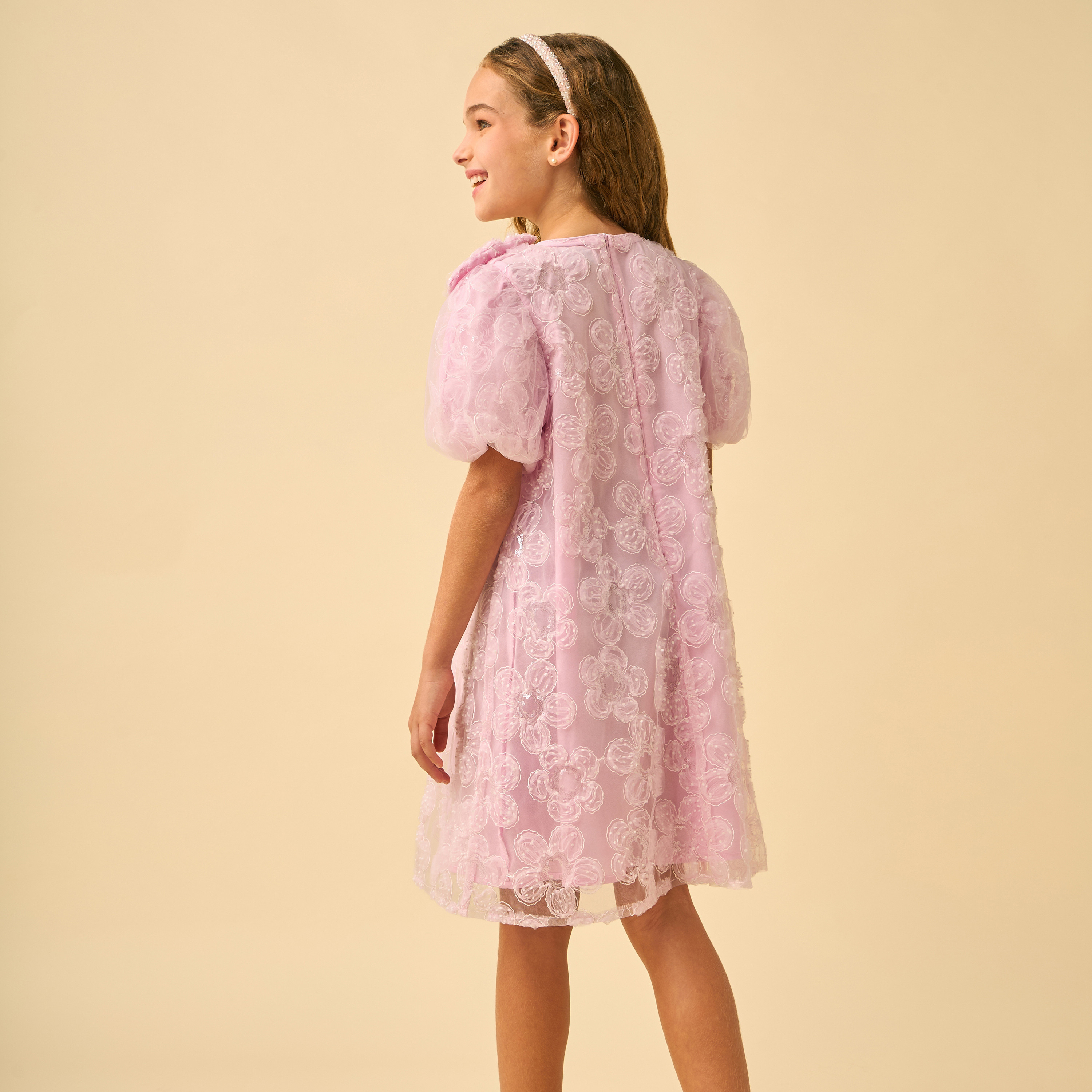 Juniors Round Neck Short Sleeves Knee Length A-line Dress with Embroidery and Sequin Embellishments-girls-clothing-dressesandjumpsuits-image-4