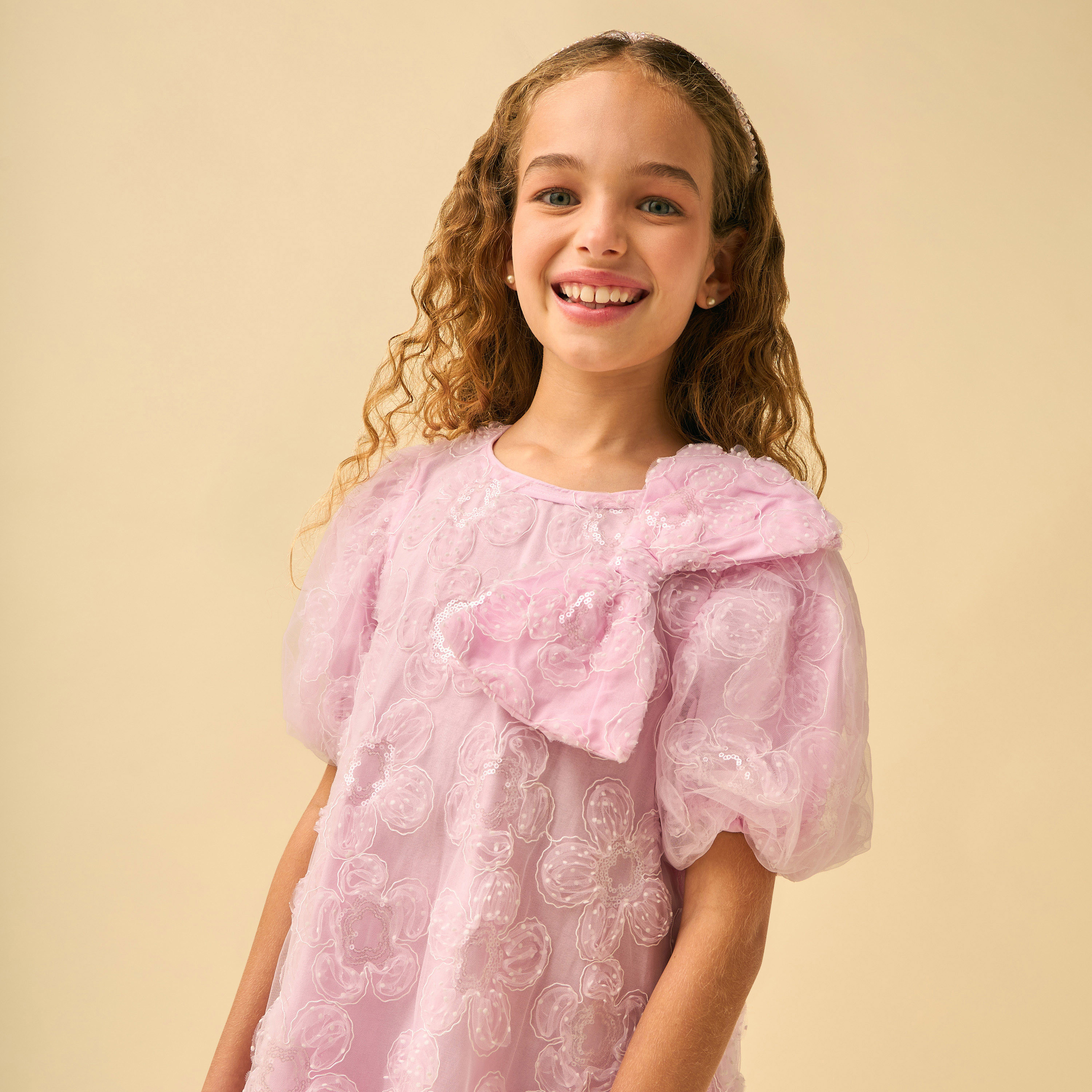 Juniors Round Neck Short Sleeves Knee Length A-line Dress with Embroidery and Sequin Embellishments-girls-clothing-dressesandjumpsuits-image-5