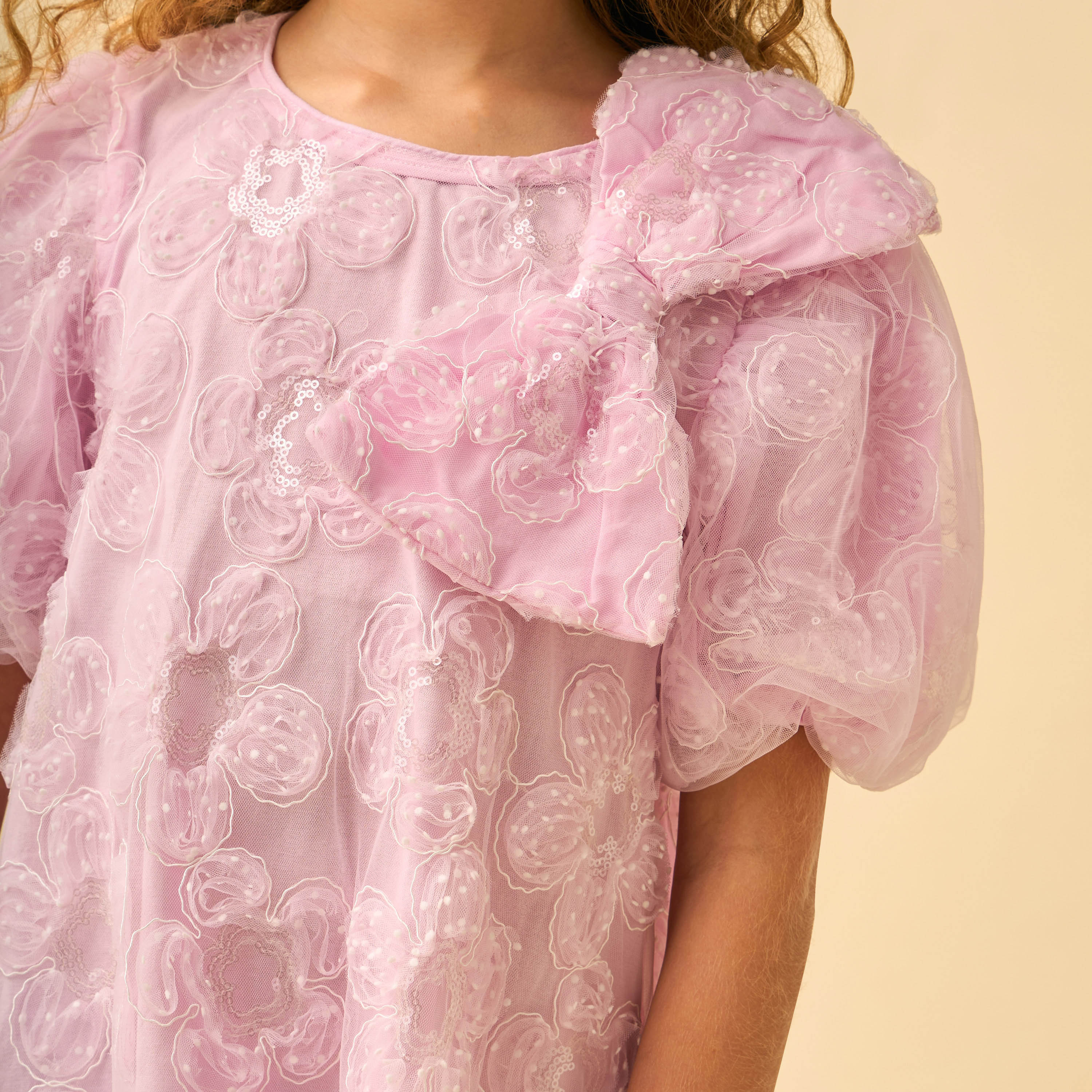 Juniors Round Neck Short Sleeves Knee Length A-line Dress with Embroidery and Sequin Embellishments-girls-clothing-dressesandjumpsuits-image-6