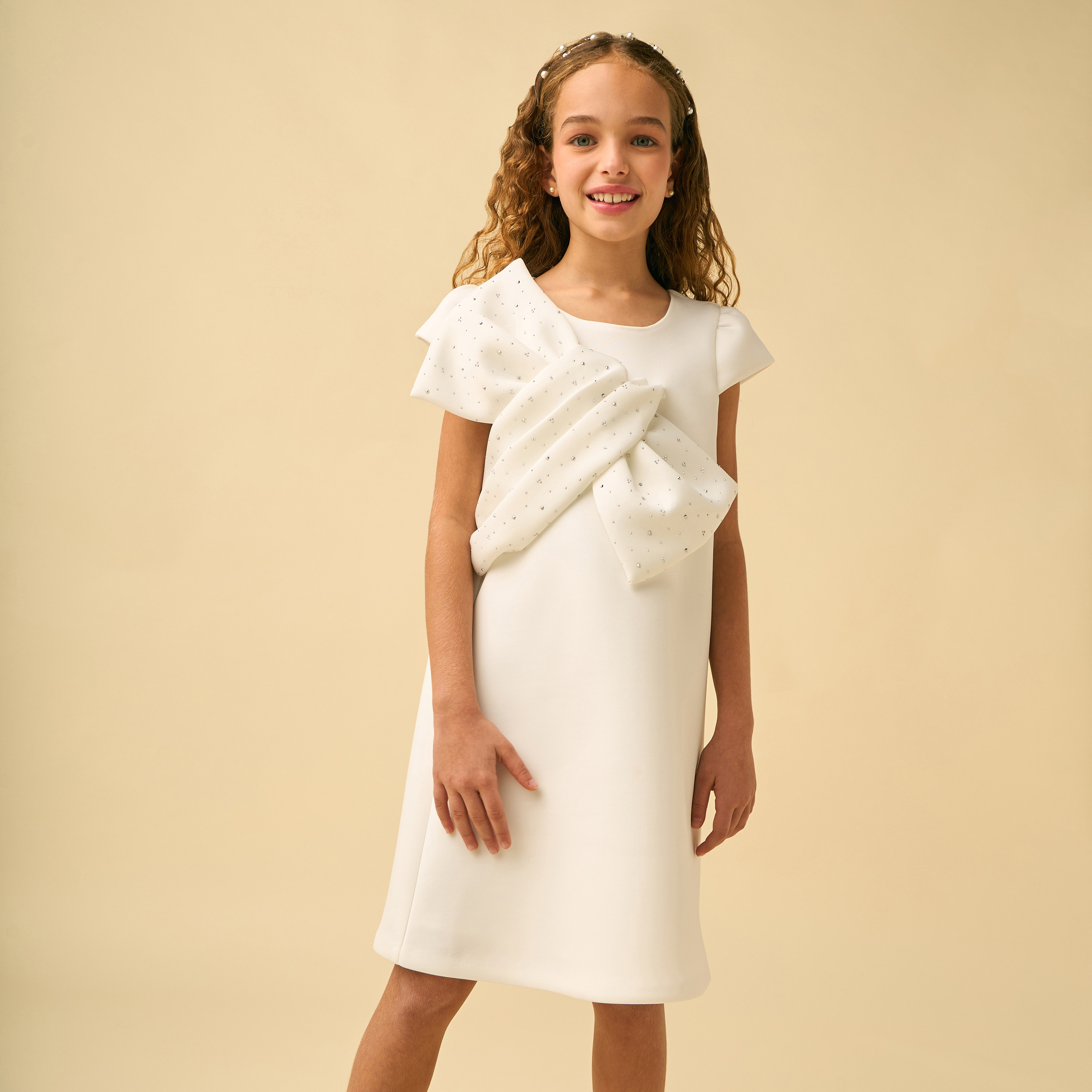 Juniors Round Neck Short Sleeves Knee Length Dress with Embellished Bow-girls-clothing-dressesandjumpsuits-image-2