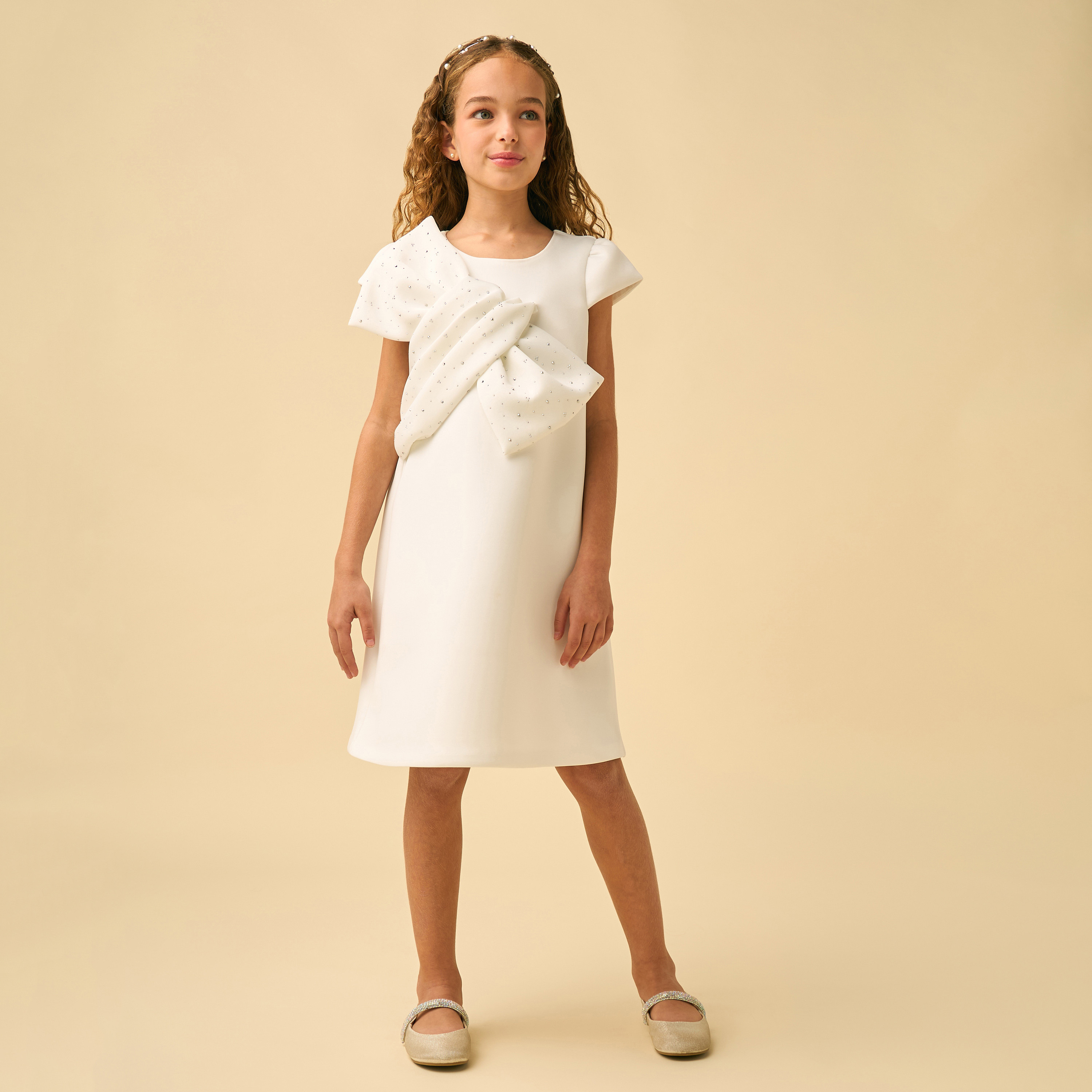 Juniors Round Neck Short Sleeves Knee Length Dress with Embellished Bow-girls-clothing-dressesandjumpsuits-image-3