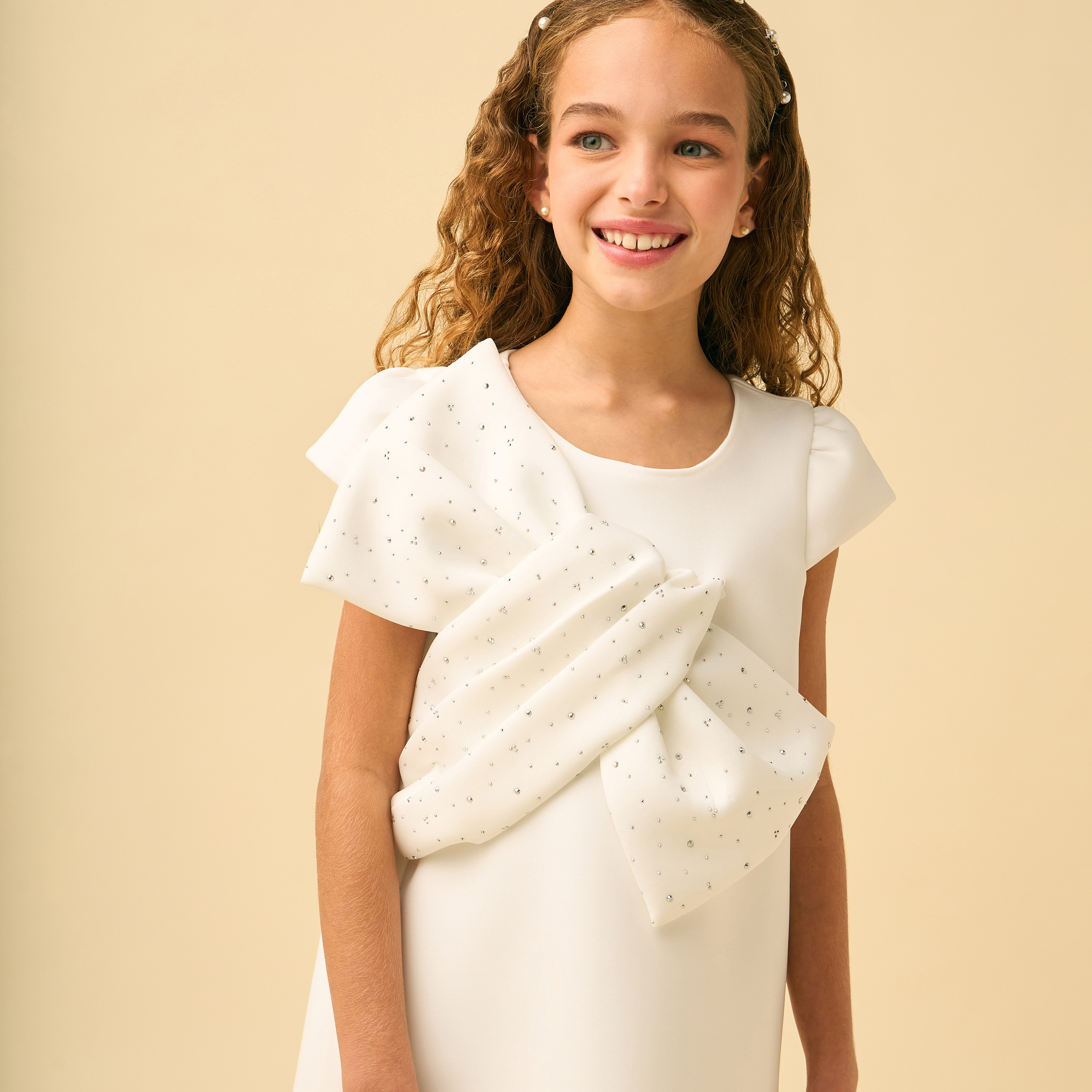 Juniors Round Neck Short Sleeves Knee Length Dress with Embellished Bow-girls-clothing-dressesandjumpsuits-image-6