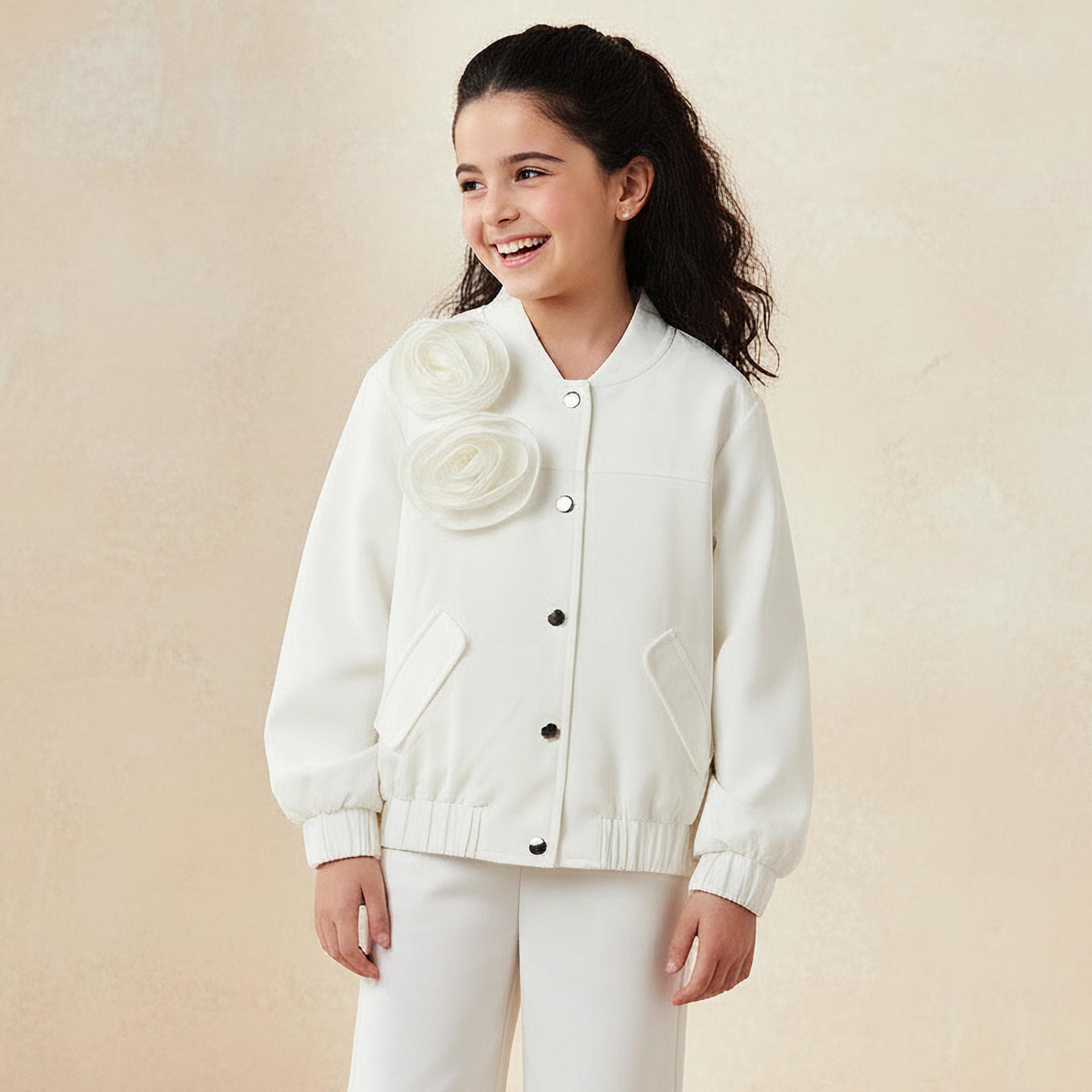 Juniors Floral Applique Jacket with Long Sleeves-girls-clothing-winterwear-jacketsandcoats-image-1