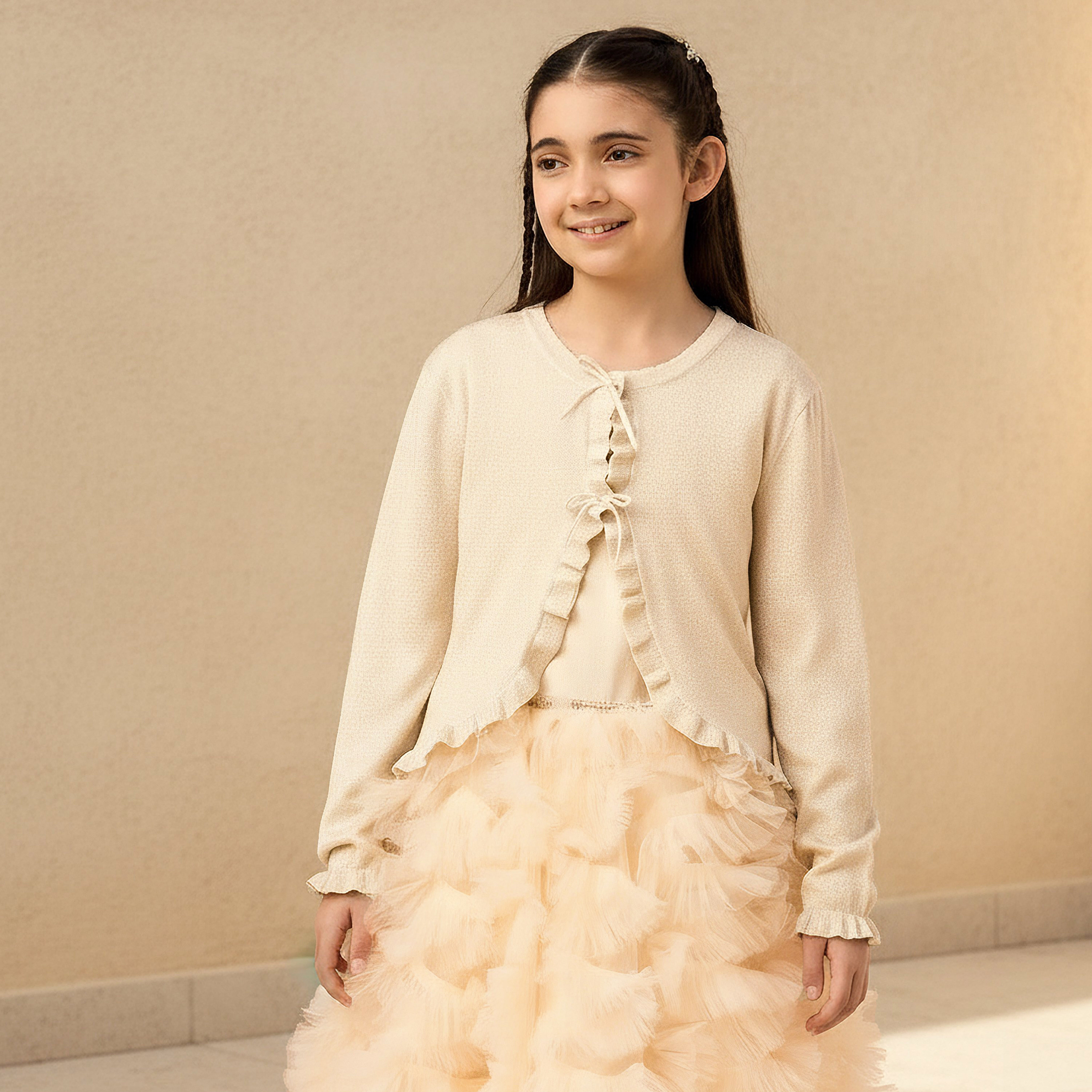 Juniors Ruffle Detail Cardigan with Long Sleeves-girls-clothing-jumpersandcardigans-image-1