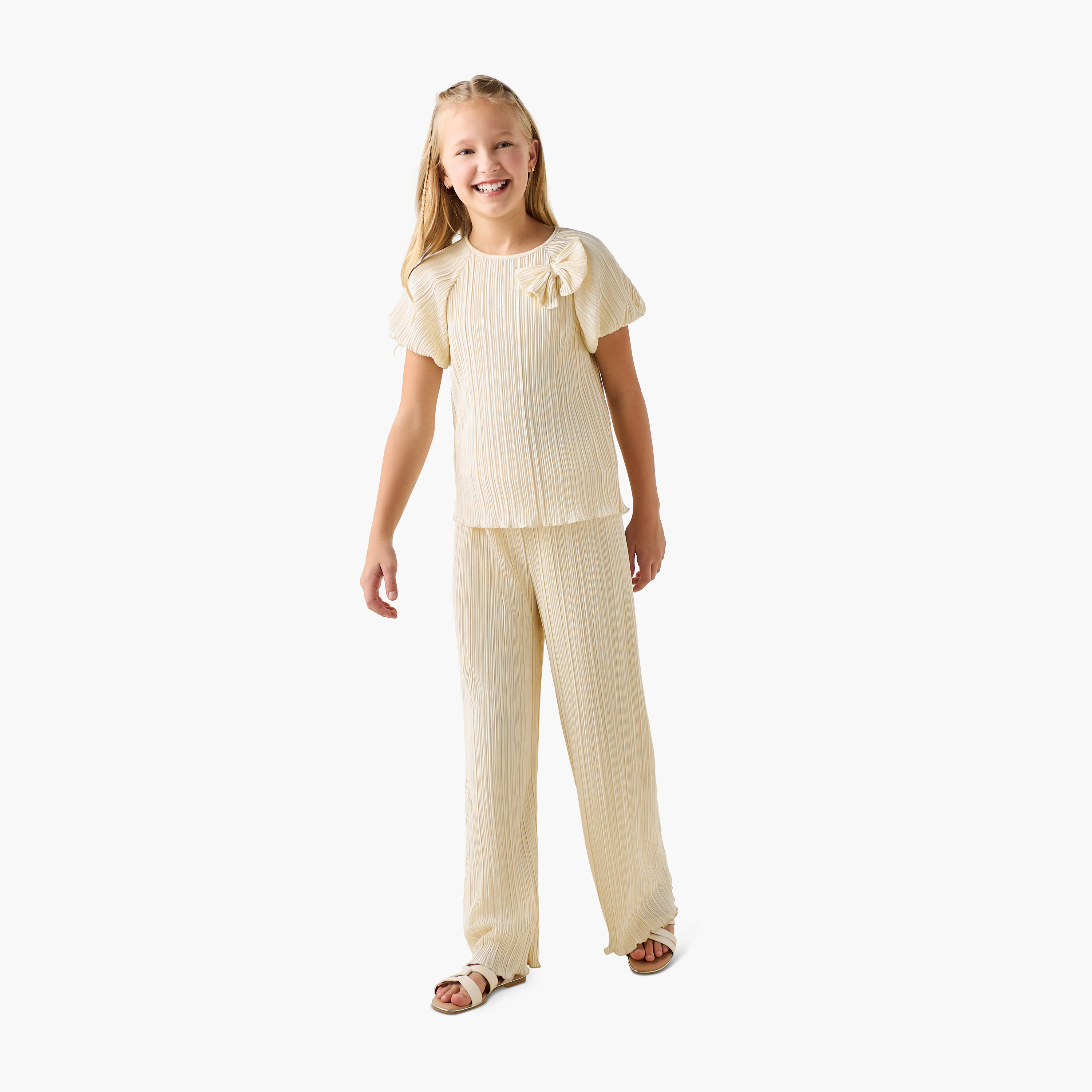 Juniors Round Neck Short Sleeve Top and Pants Set with Elasticated Waist-girls-clothing-setsandcoords-image-1