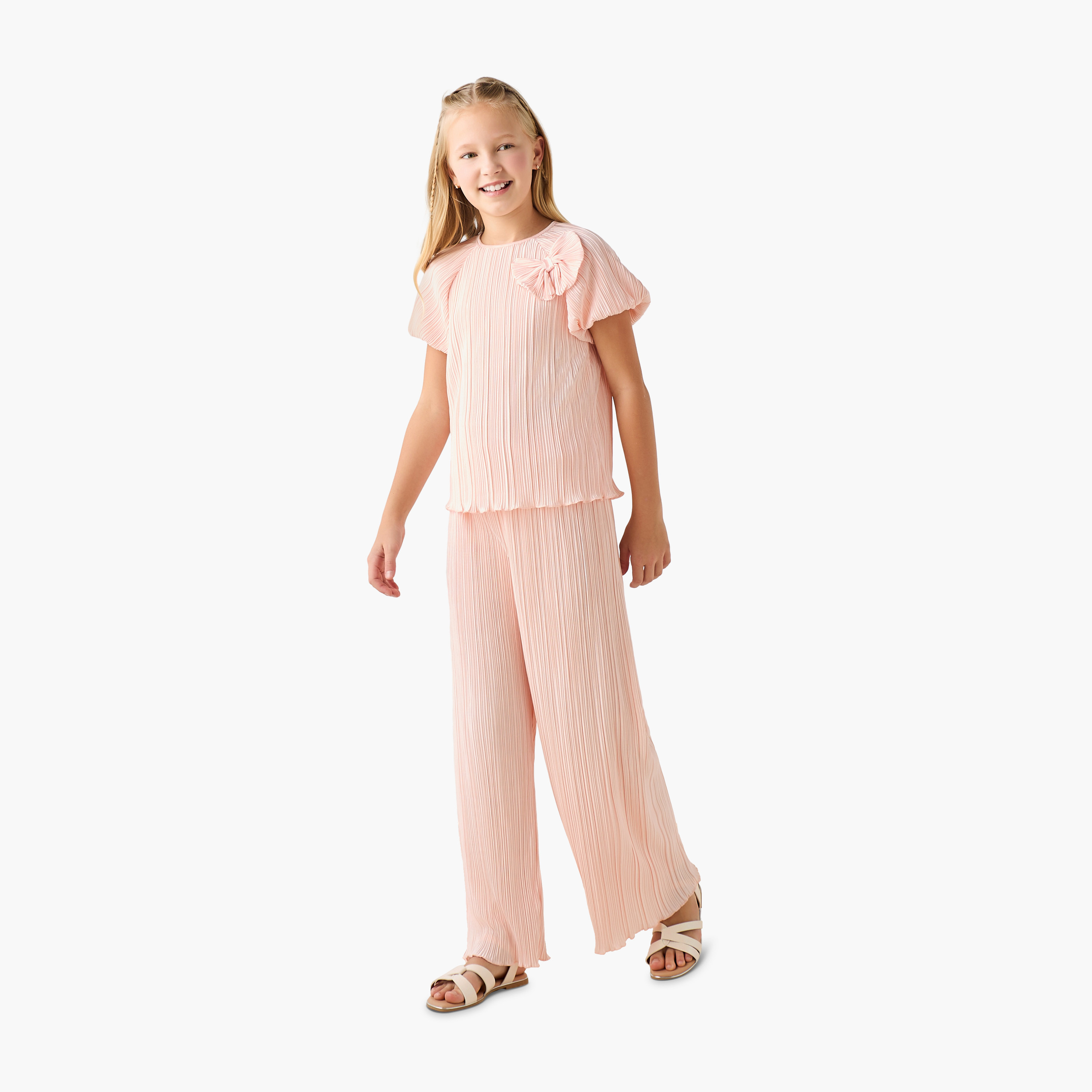Juniors Round Neck Short Sleeve Top and Pants Set with Elasticated Waist-girls-clothing-setsandcoords-image-1