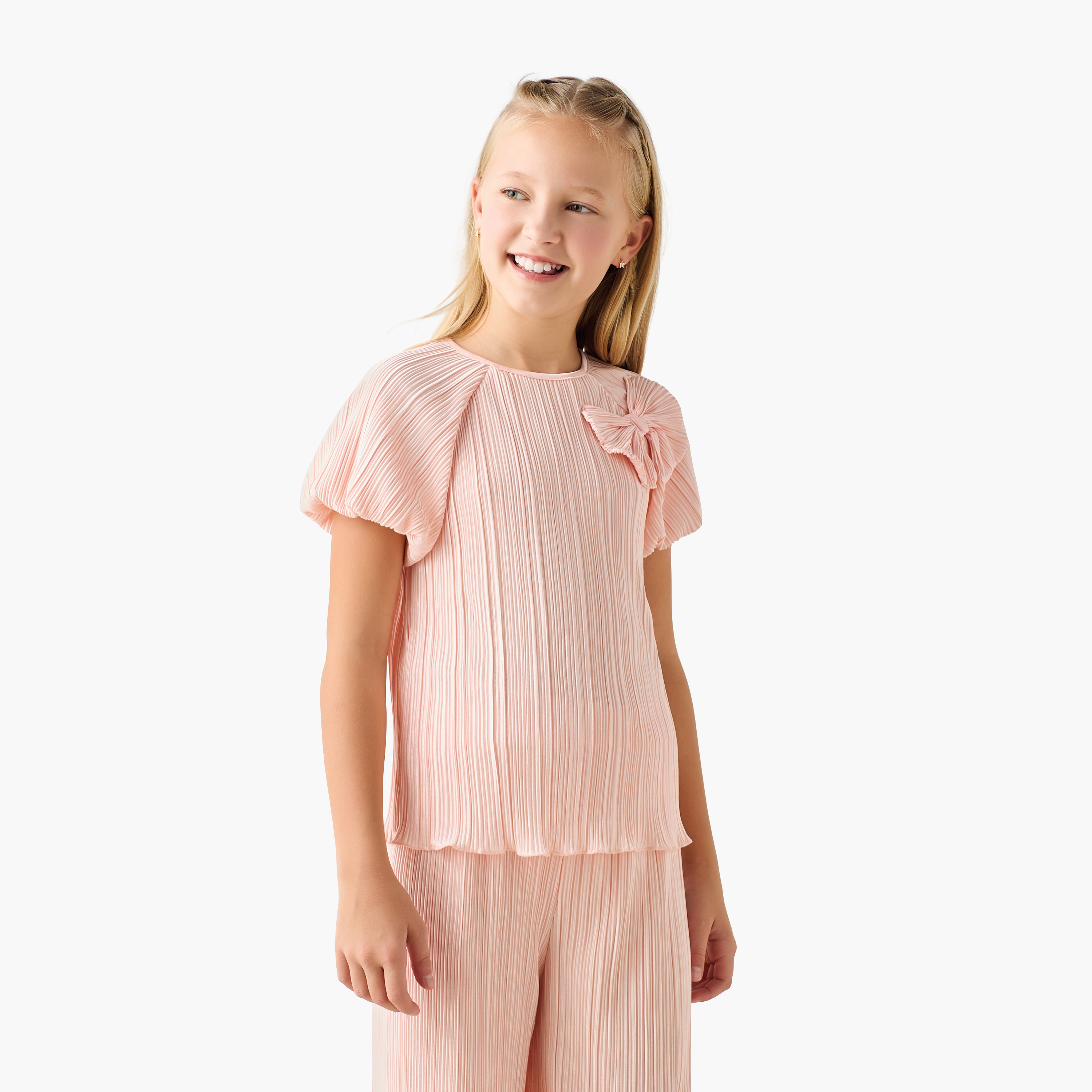 Juniors Round Neck Short Sleeve Top and Pants Set with Elasticated Waist-girls-clothing-setsandcoords-image-2