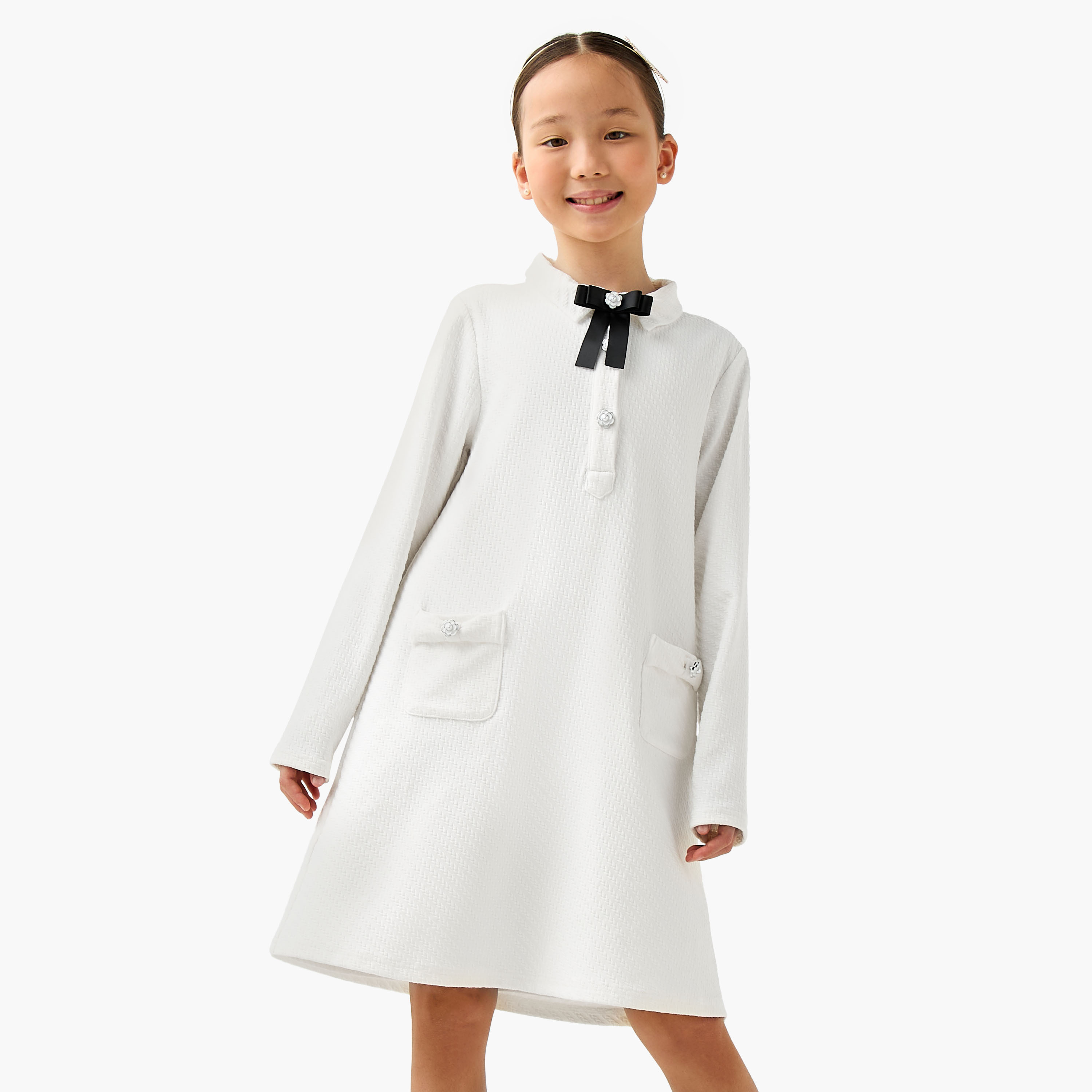 Juniors Collared Long Sleeves A-line Dress with Bow Applique-girls-clothing-dressesandjumpsuits-image-1