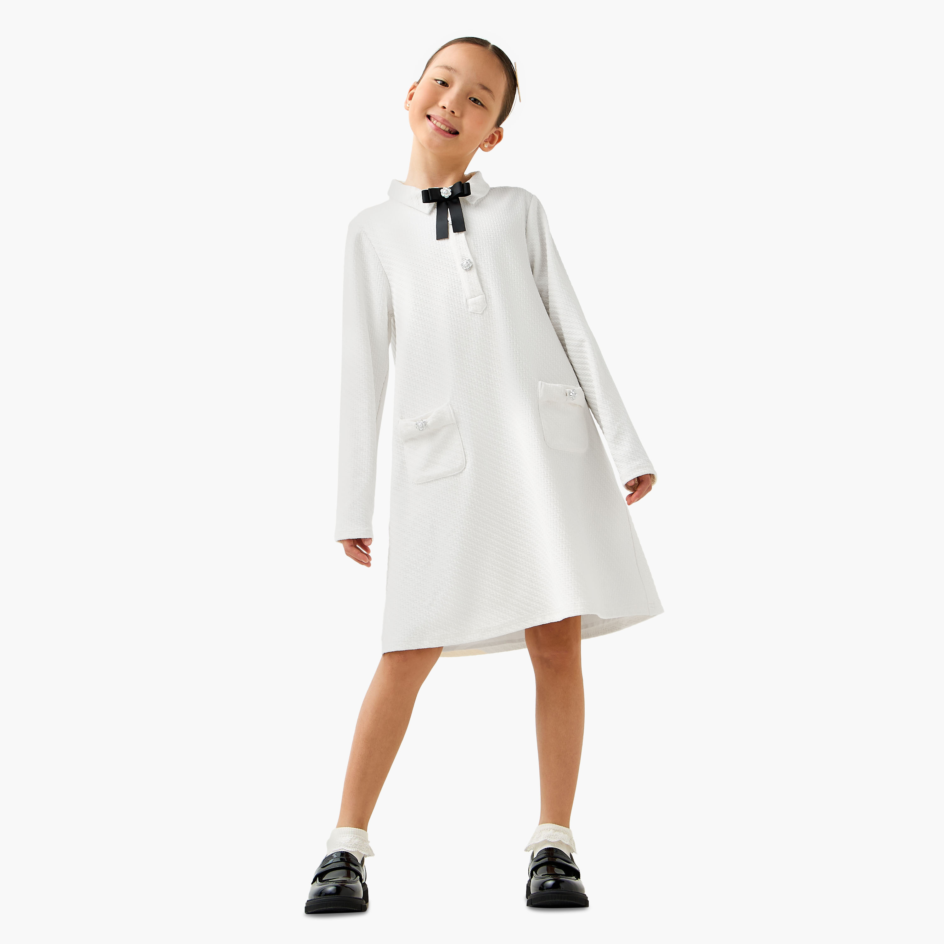 Juniors Collared Long Sleeves A-line Dress with Bow Applique-girls-clothing-dressesandjumpsuits-image-2