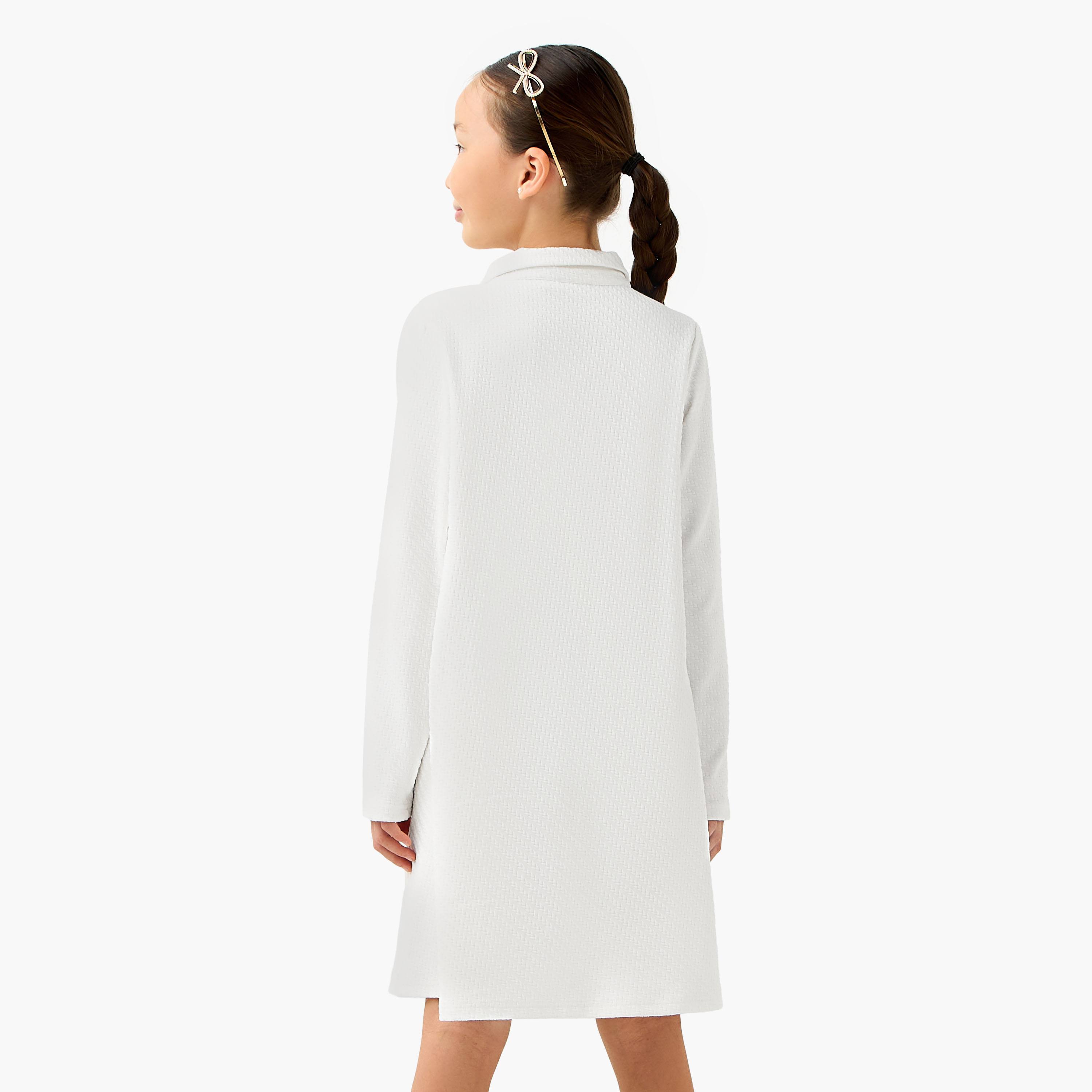 Juniors Collared Long Sleeves A-line Dress with Bow Applique-girls-clothing-dressesandjumpsuits-image-3