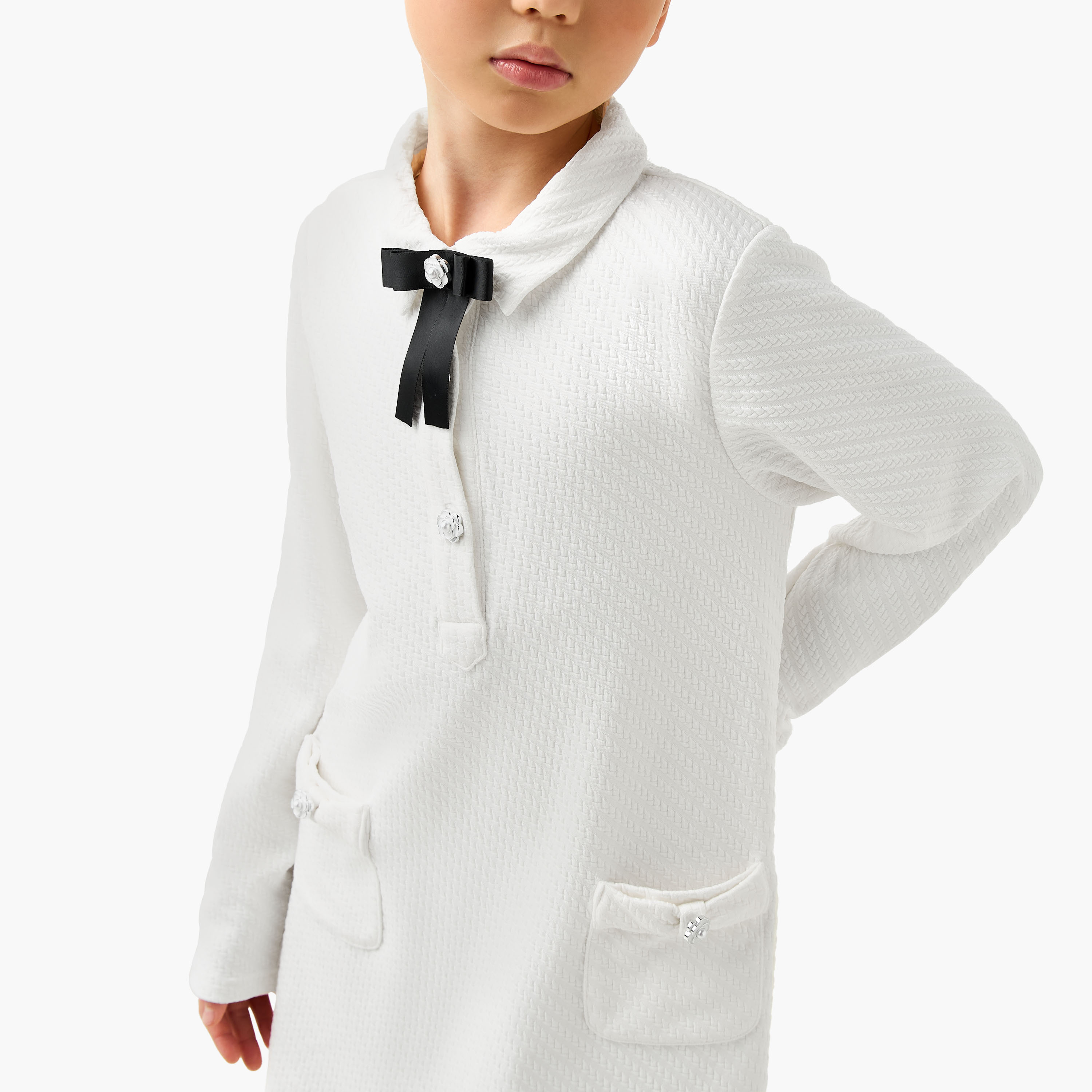 Juniors Collared Long Sleeves A-line Dress with Bow Applique-girls-clothing-dressesandjumpsuits-image-4