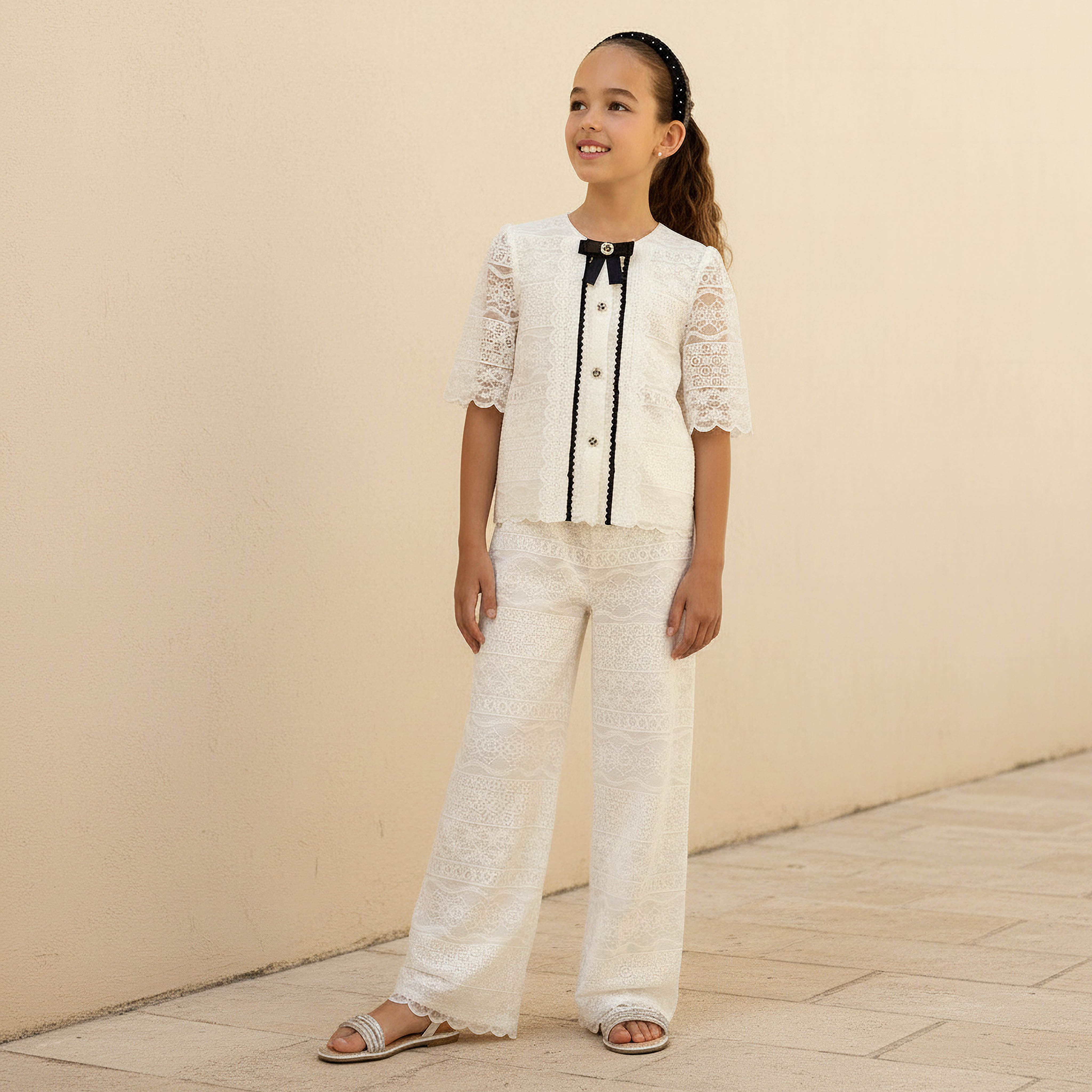Juniors Round Neck Short Sleeves Shirt and Pants Set with Lace Detail-girls-clothing-setsandcoords-image-2