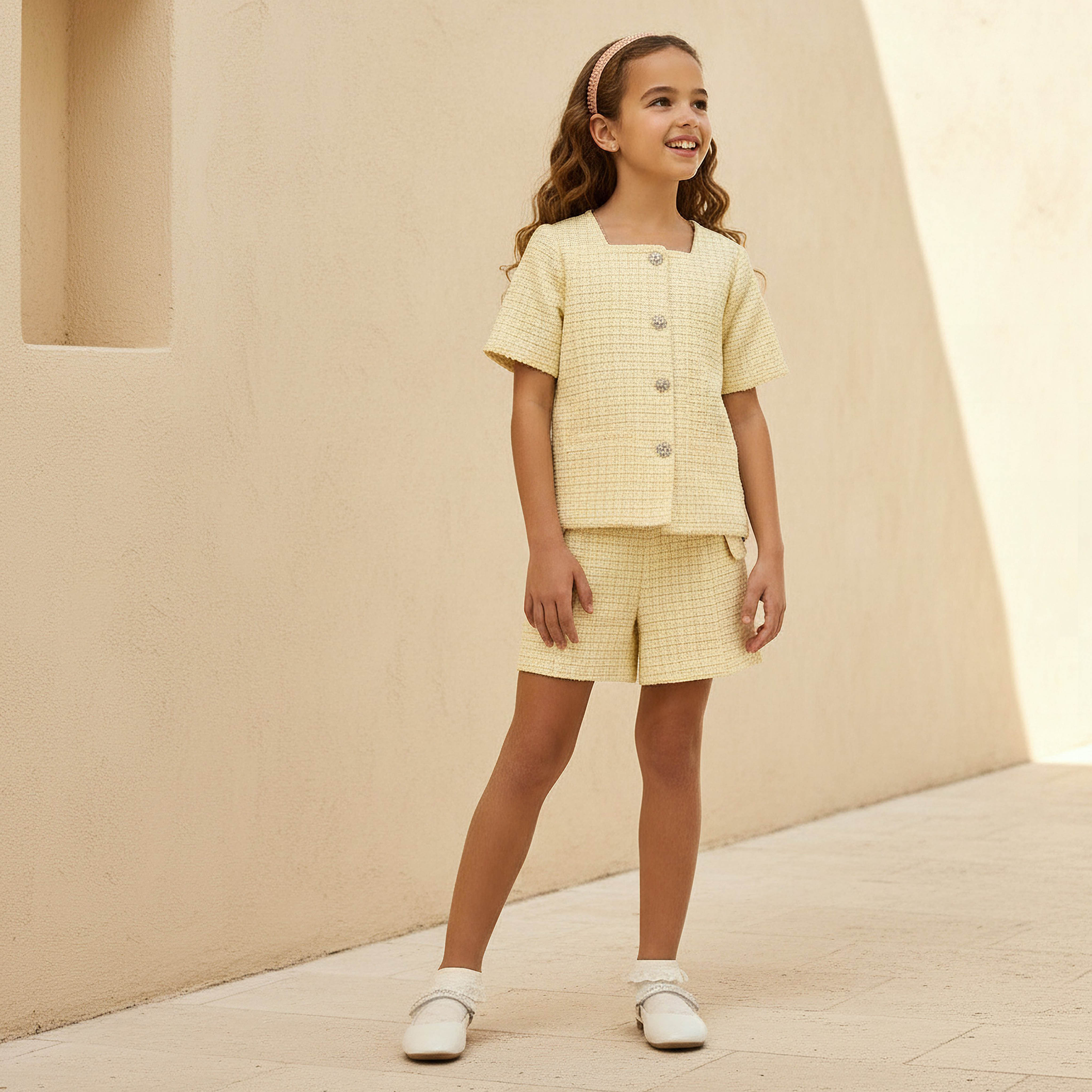 Juniors Square Neck Short Sleeves Shirt and Shorts Set with Texture-girls-clothing-setsandcoords-image-2