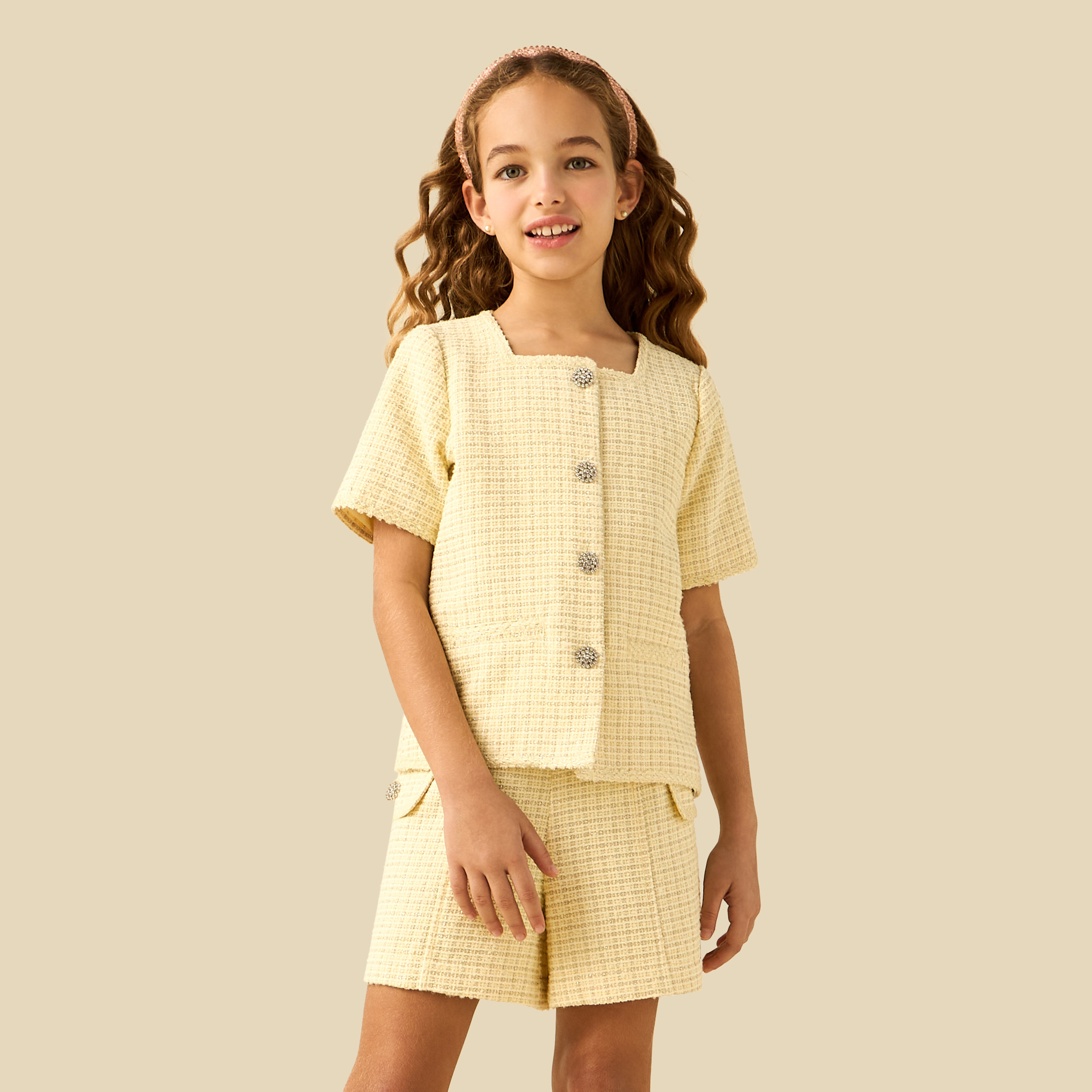 Juniors Square Neck Short Sleeves Shirt and Shorts Set with Texture-girls-clothing-setsandcoords-image-3