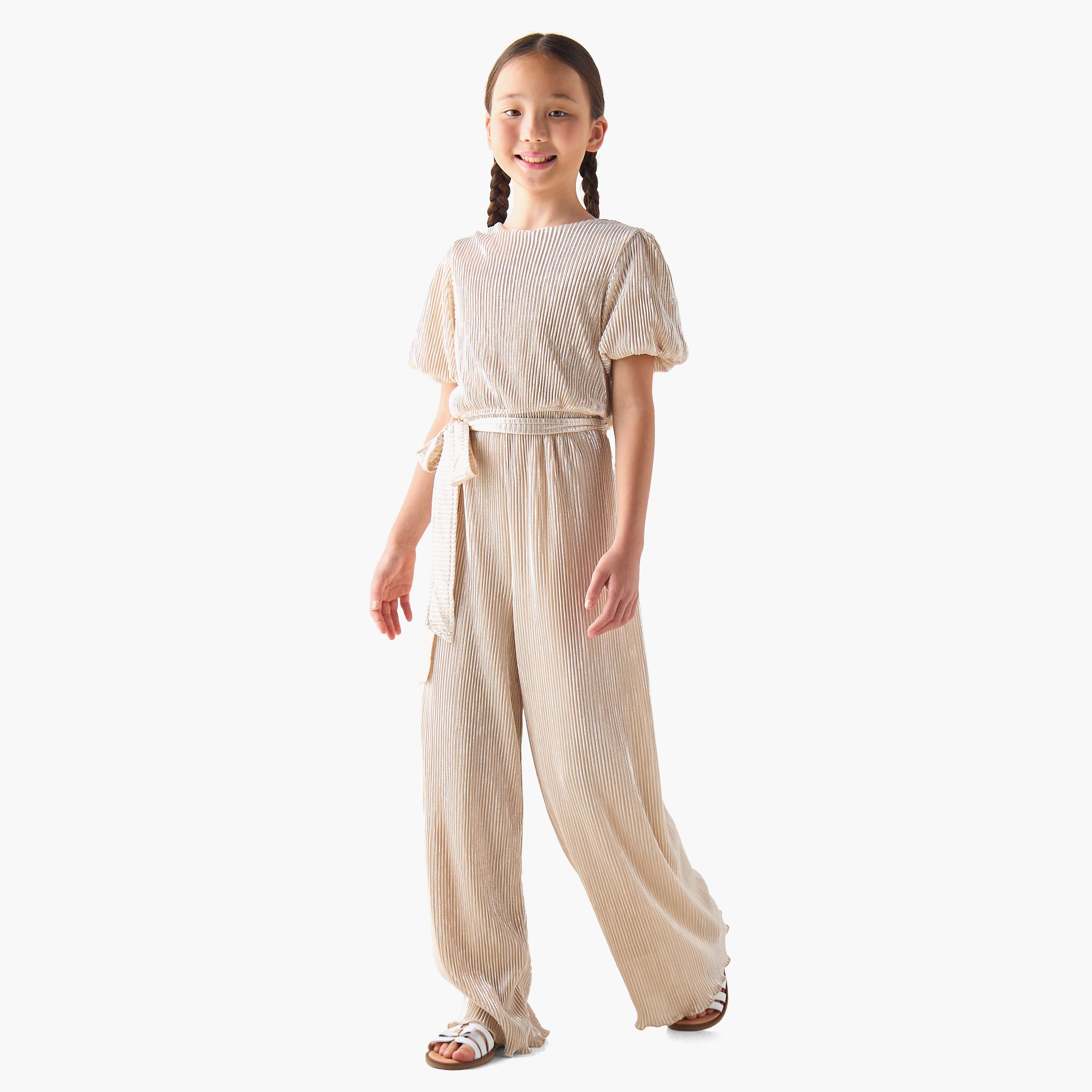 Juniors Short Puff Sleeves Jumpsuit with Pleated Design-girls-clothing-dressesandjumpsuits-image-1