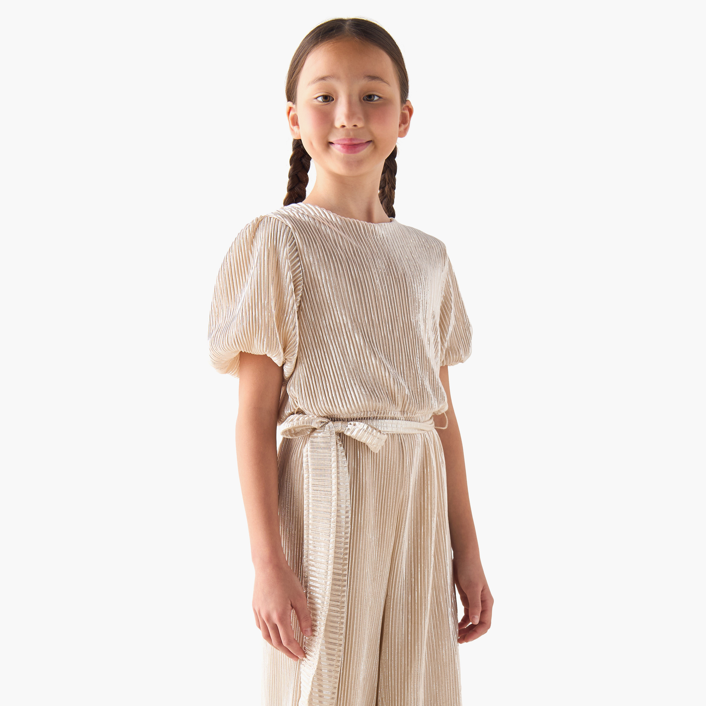 Juniors Short Puff Sleeves Jumpsuit with Pleated Design-girls-clothing-dressesandjumpsuits-image-2