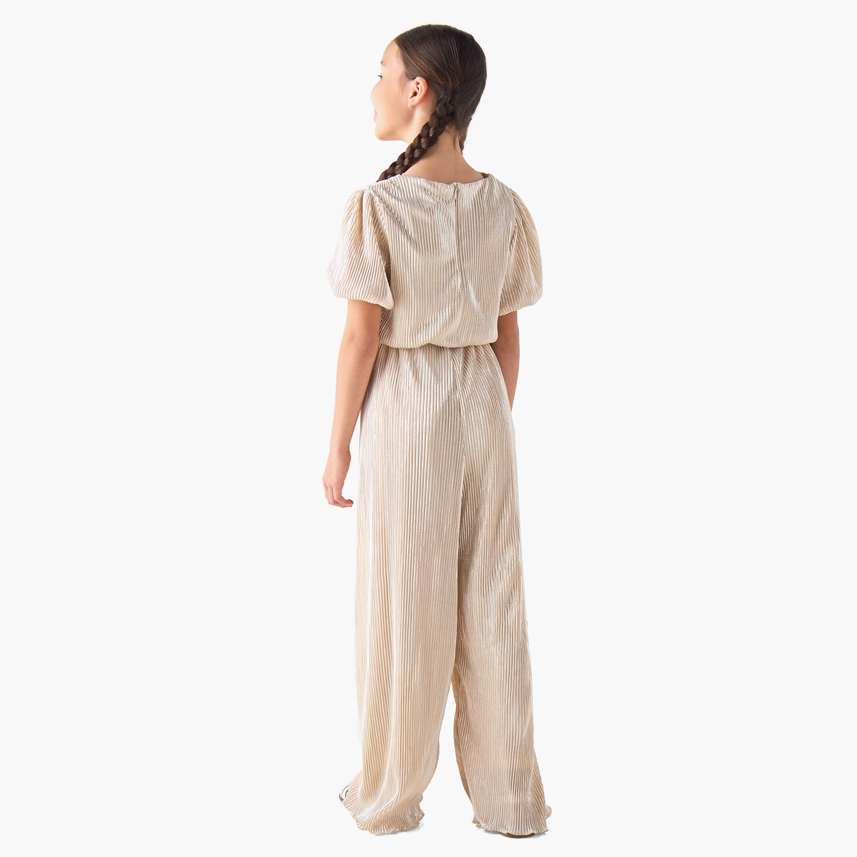 Juniors Short Puff Sleeves Jumpsuit with Pleated Design-girls-clothing-dressesandjumpsuits-image-3