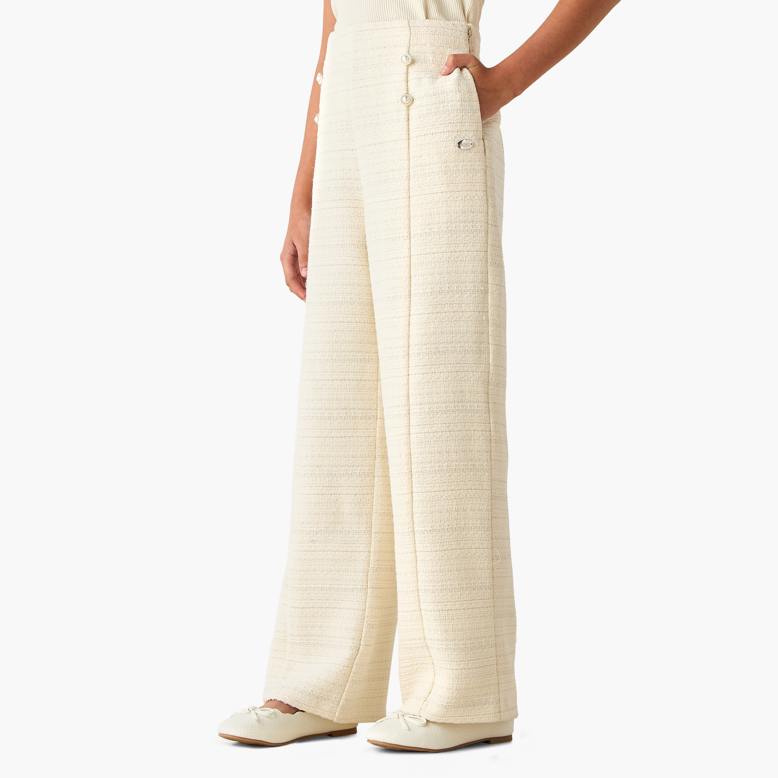Eligo Wide Leg Trousers with Embellished Buttons-girls-clothing-bottoms-trousers-image-1