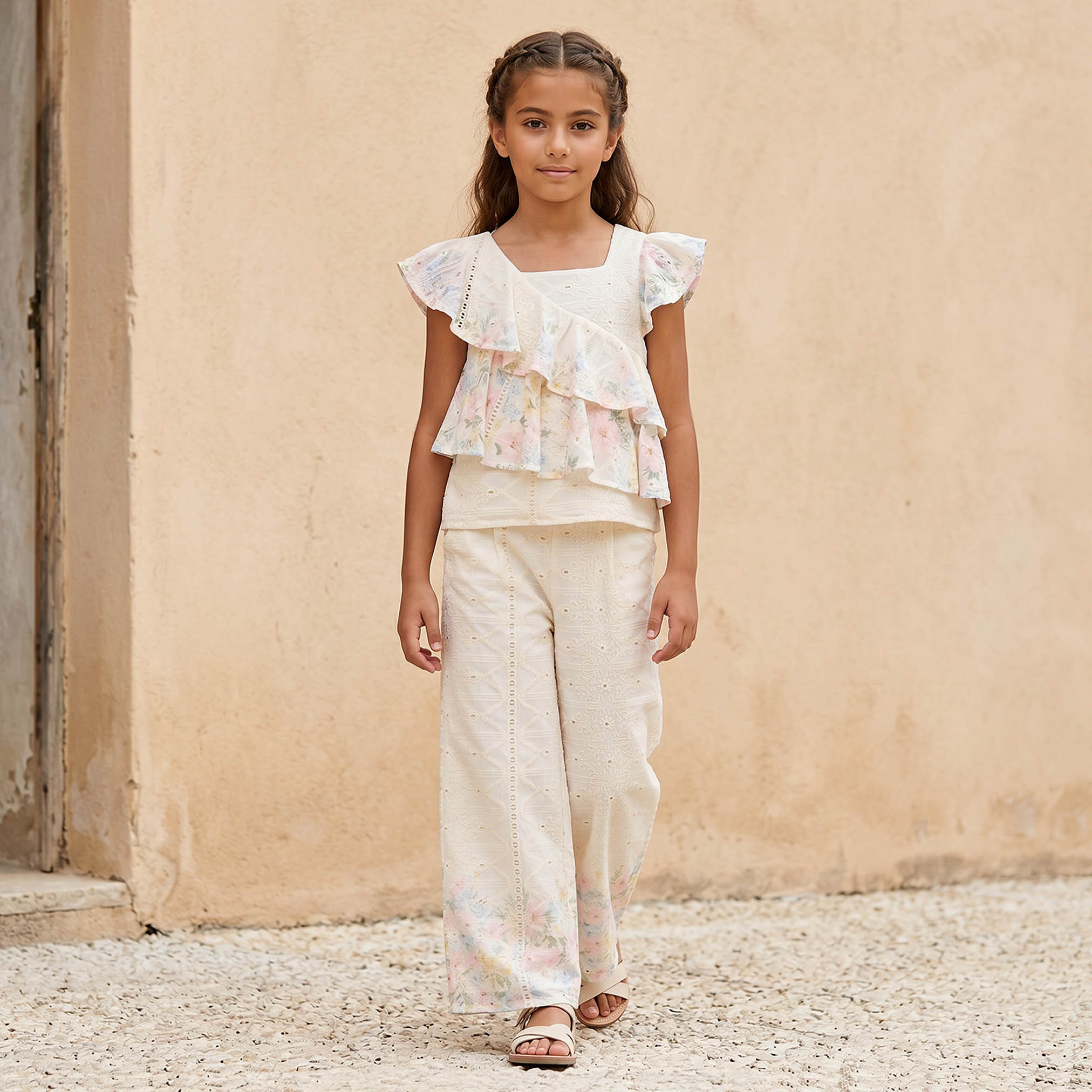 بنطلون واسع الساقين مطرز وبخصر متوسط الارتفاع من إليجو-girls-clothing-bottoms-trousers-image-2