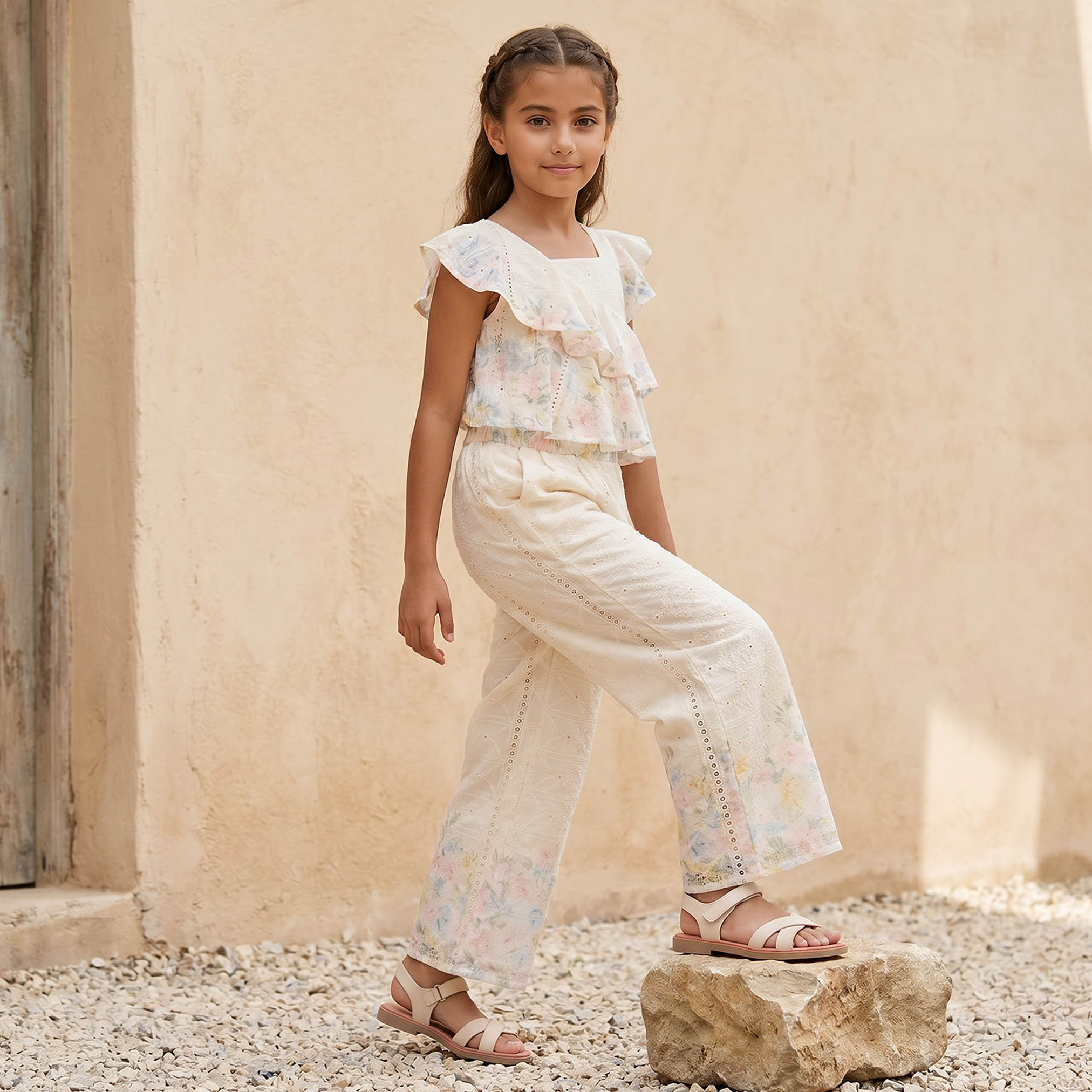بنطلون واسع الساقين مطرز وبخصر متوسط الارتفاع من إليجو-girls-clothing-bottoms-trousers-image-5