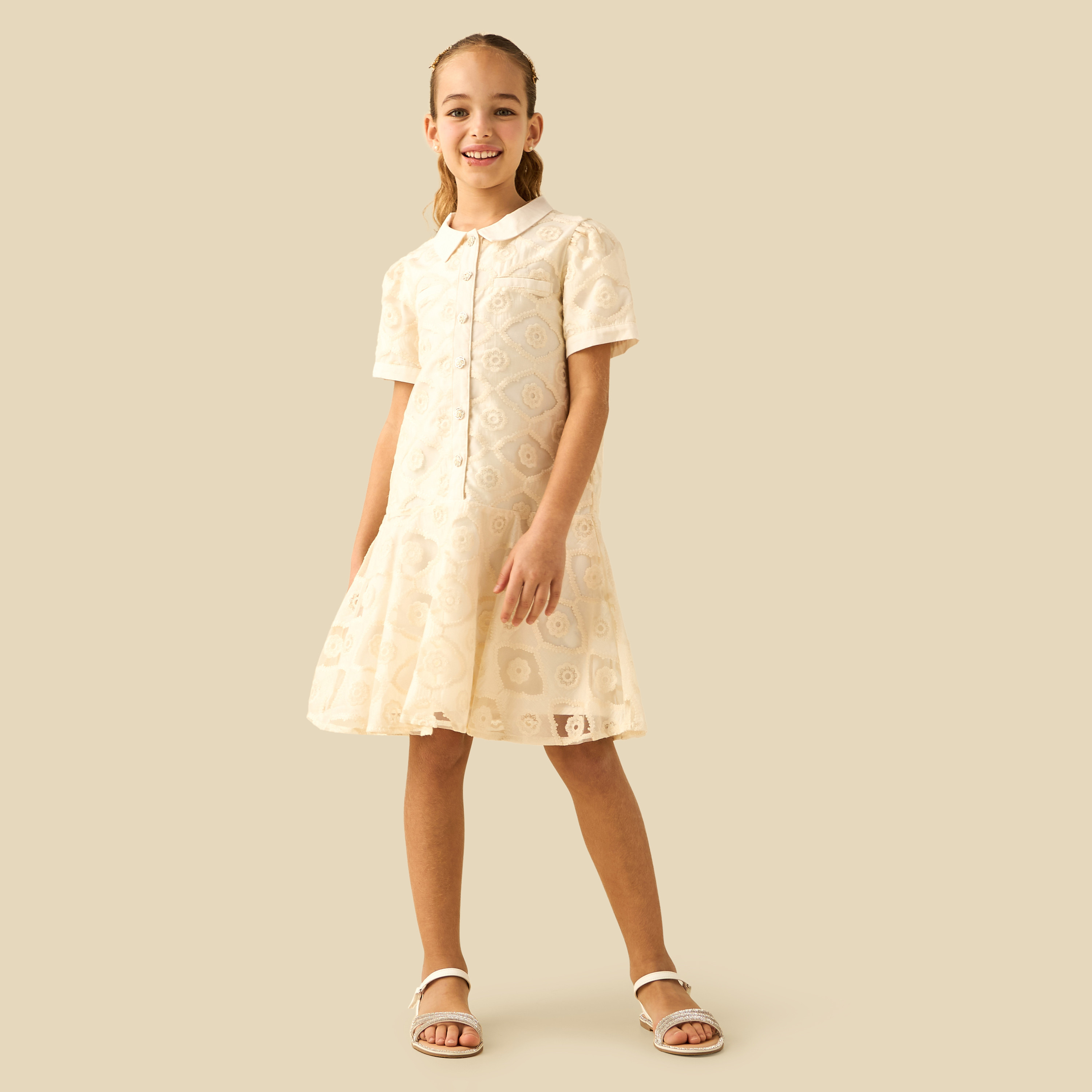 Eligo Collared Neck Short Sleeves A-Line Dress with Button Closure-girls-clothing-dressesandjumpsuits-image-3