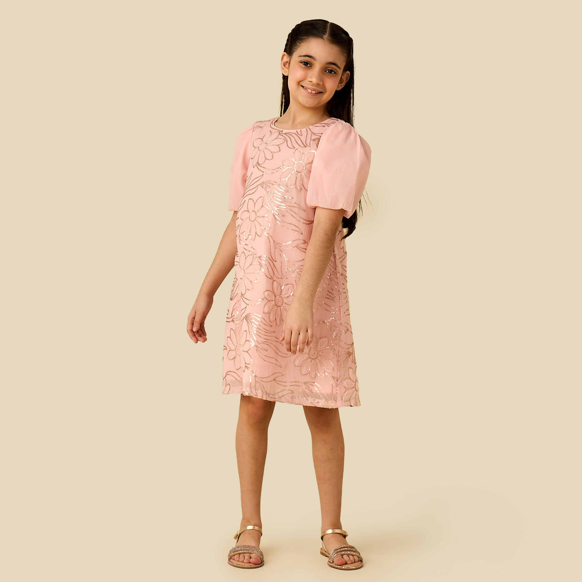 فستان بياقة مستديرة وأكمام قصيرة وتزيينات زهرية من إليجو-girls-clothing-dressesandjumpsuits-image-2