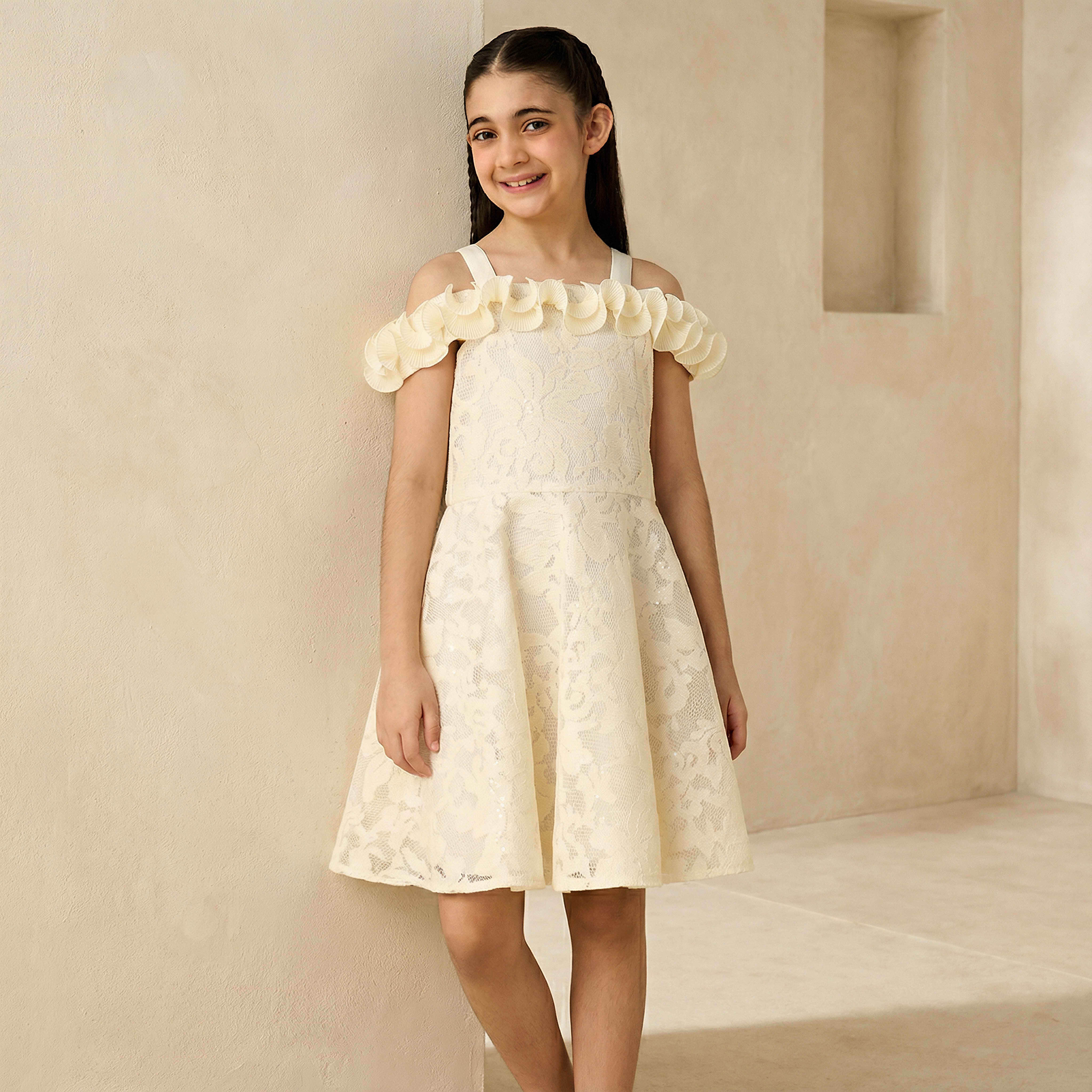 Eligo Cold Shoulder Dress with Floral Lace Texture-girls-clothing-dressesandjumpsuits-image-1