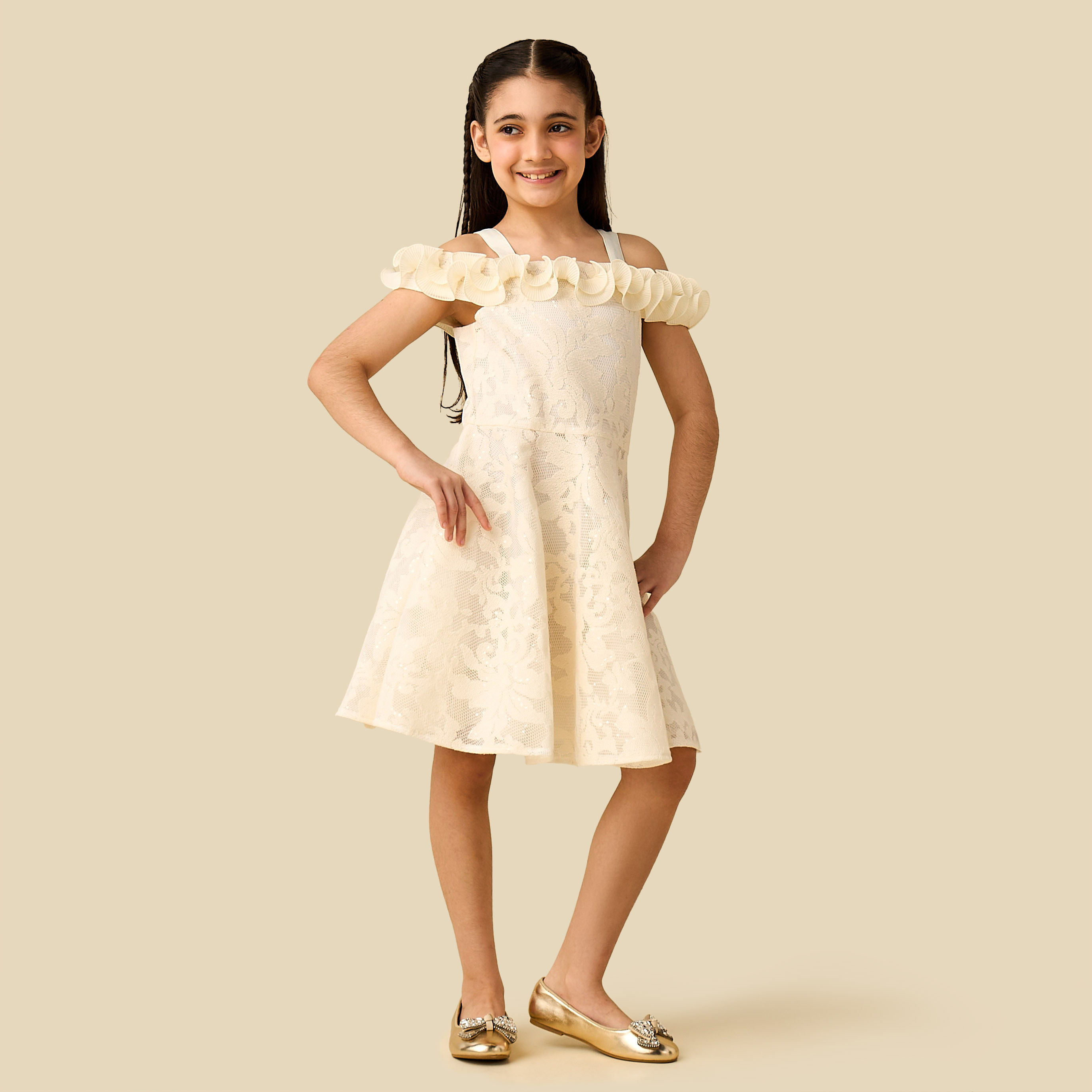 Eligo Cold Shoulder Dress with Floral Lace Texture-girls-clothing-dressesandjumpsuits-image-2