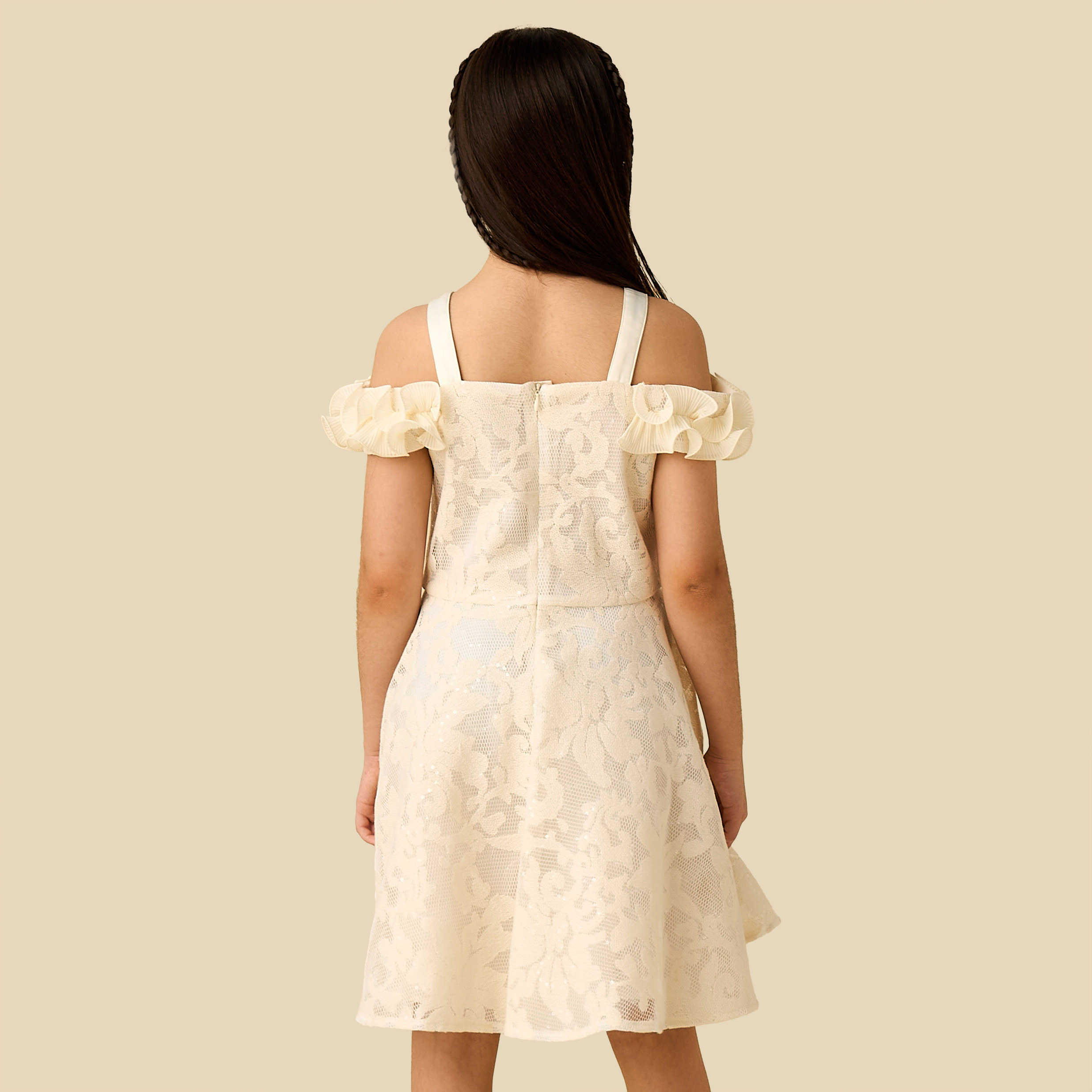Eligo Cold Shoulder Dress with Floral Lace Texture-girls-clothing-dressesandjumpsuits-image-3