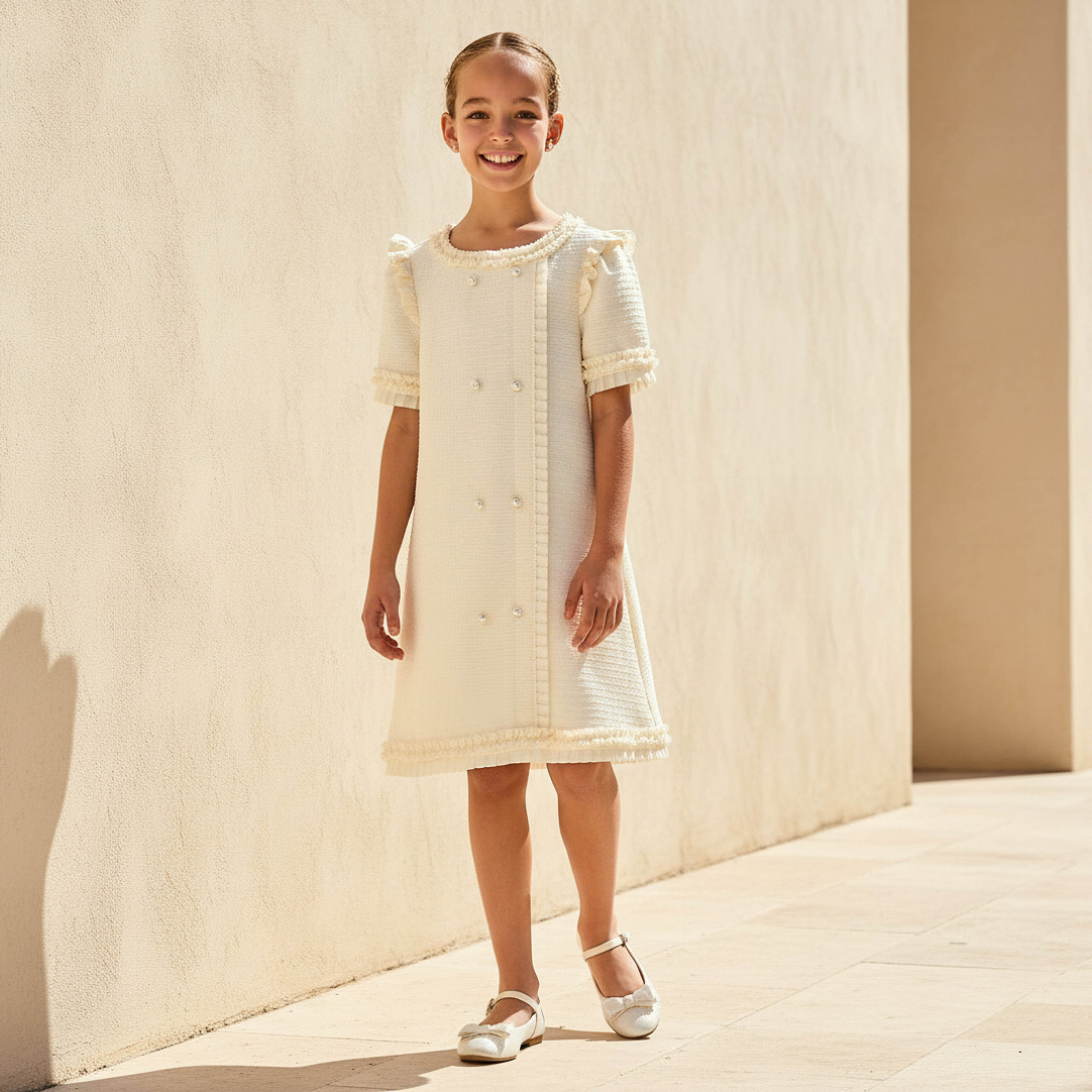 فستان إيه لاين بياقة مستديرة وأكمام قصيرة وكشكش من إليجو-girls-clothing-dressesandjumpsuits-image-2
