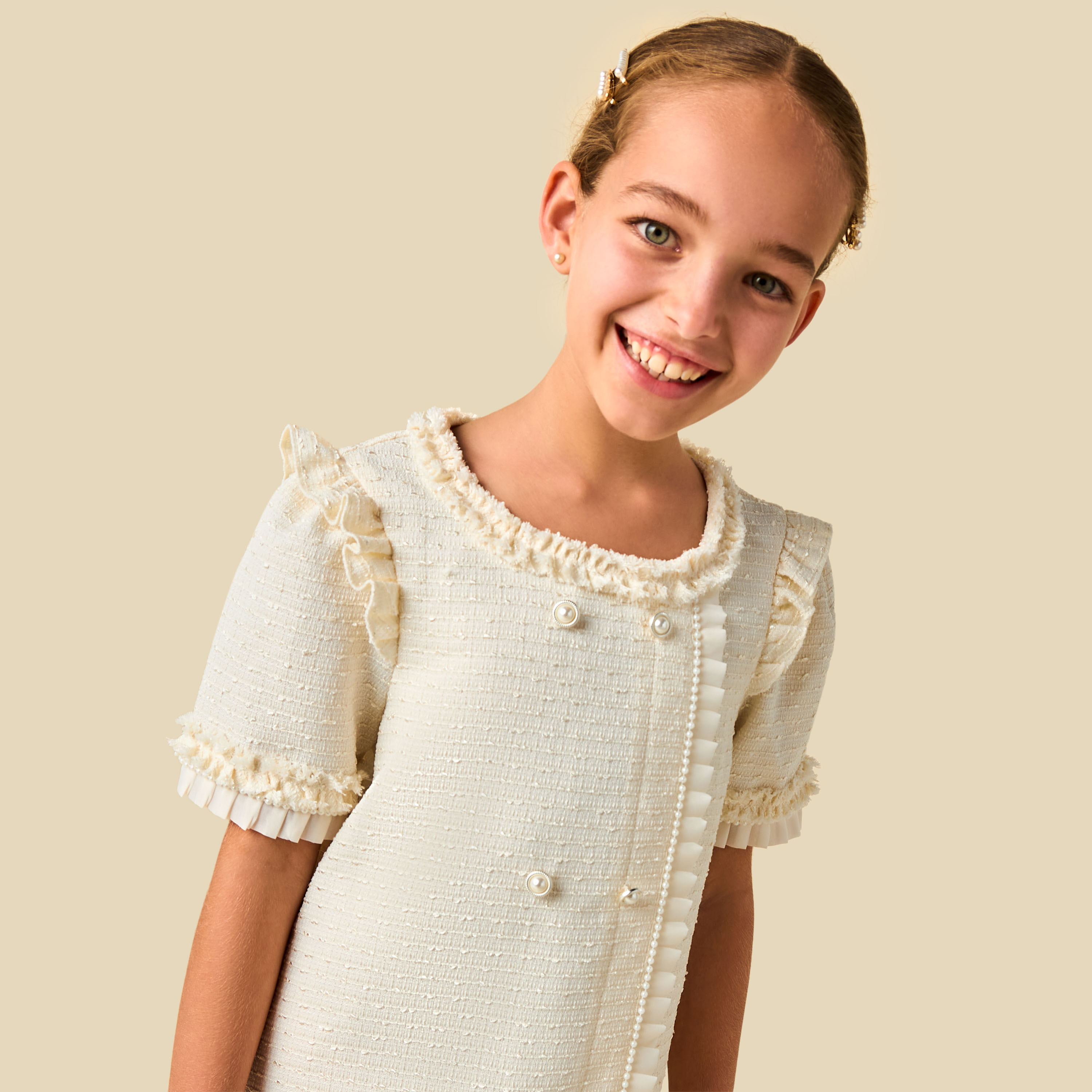 فستان إيه لاين بياقة مستديرة وأكمام قصيرة وكشكش من إليجو-girls-clothing-dressesandjumpsuits-image-7