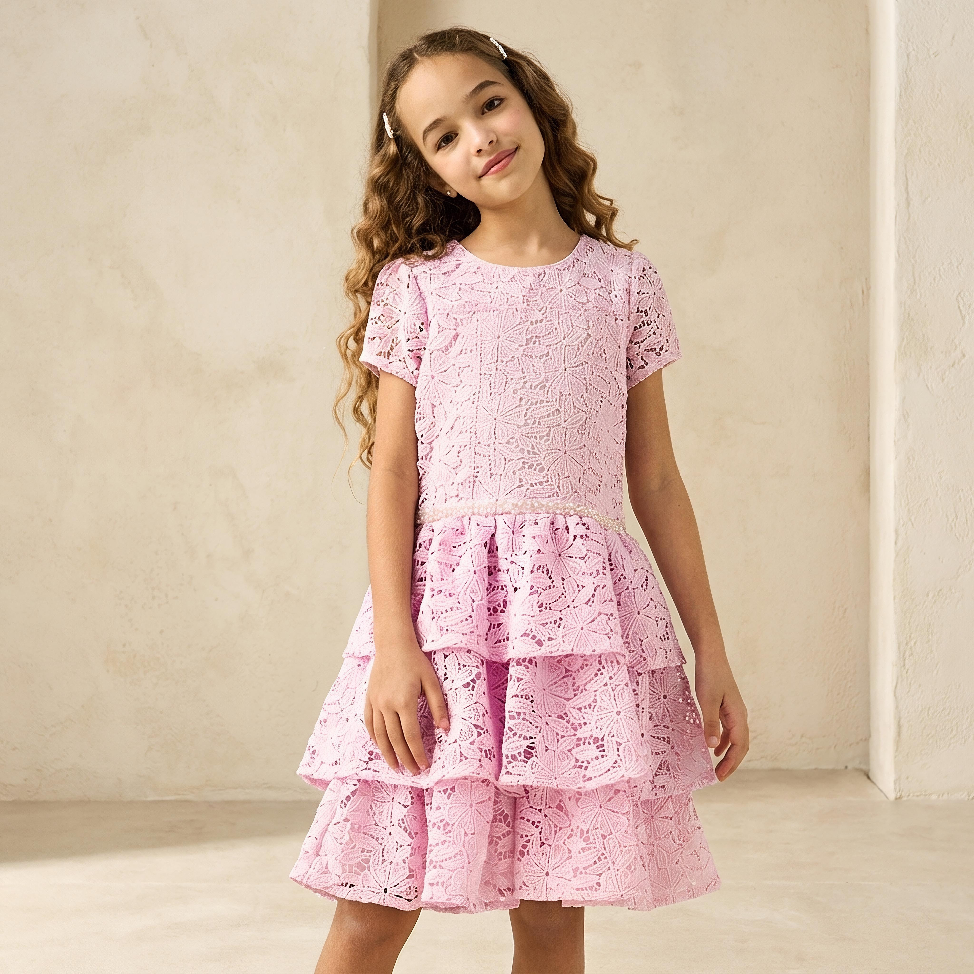 Eligo Round Neck Short Sleeves Tiered Dress with Zip Closure-girls-clothing-dressesandjumpsuits-image-2