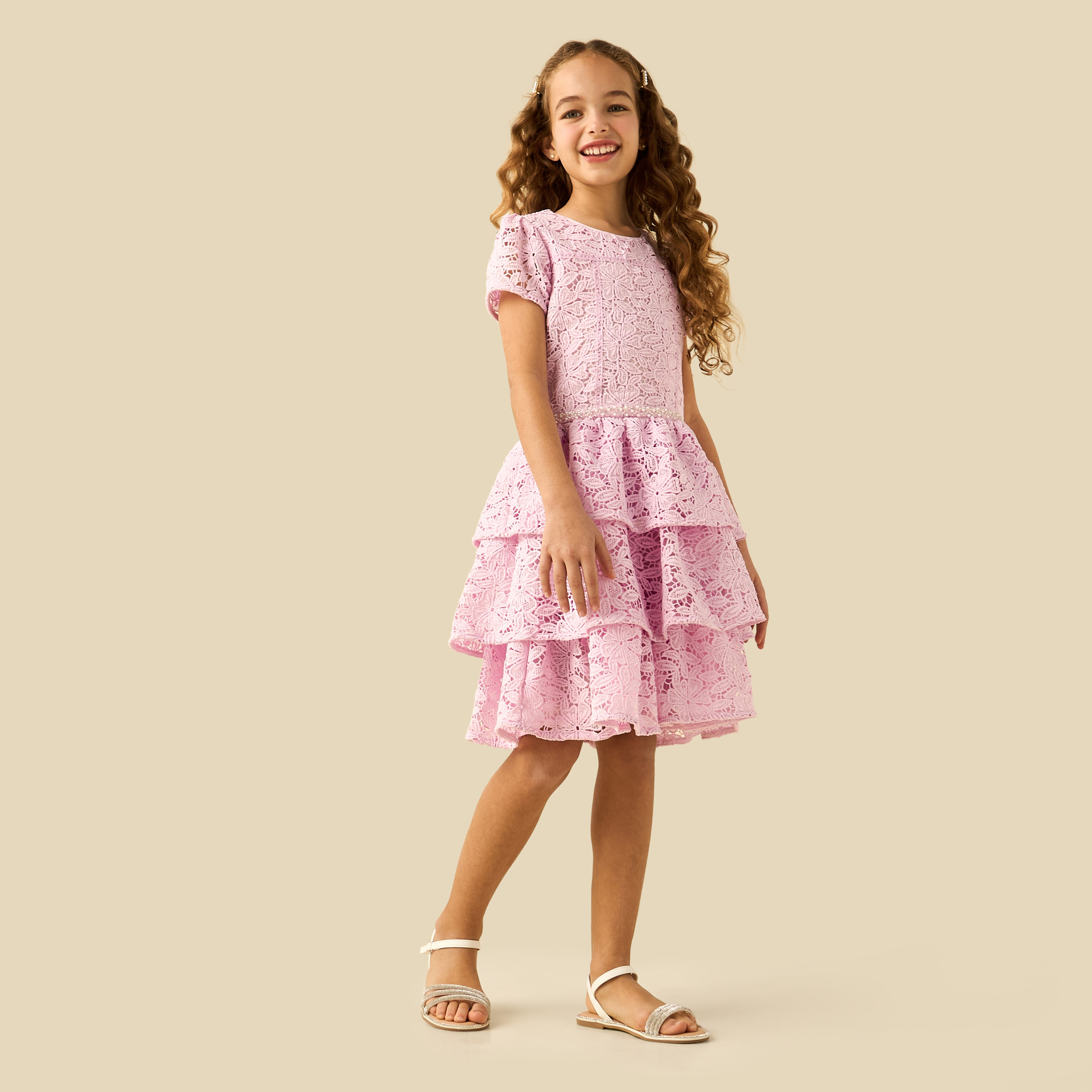 Eligo Round Neck Short Sleeves Tiered Dress with Zip Closure-girls-clothing-dressesandjumpsuits-image-3