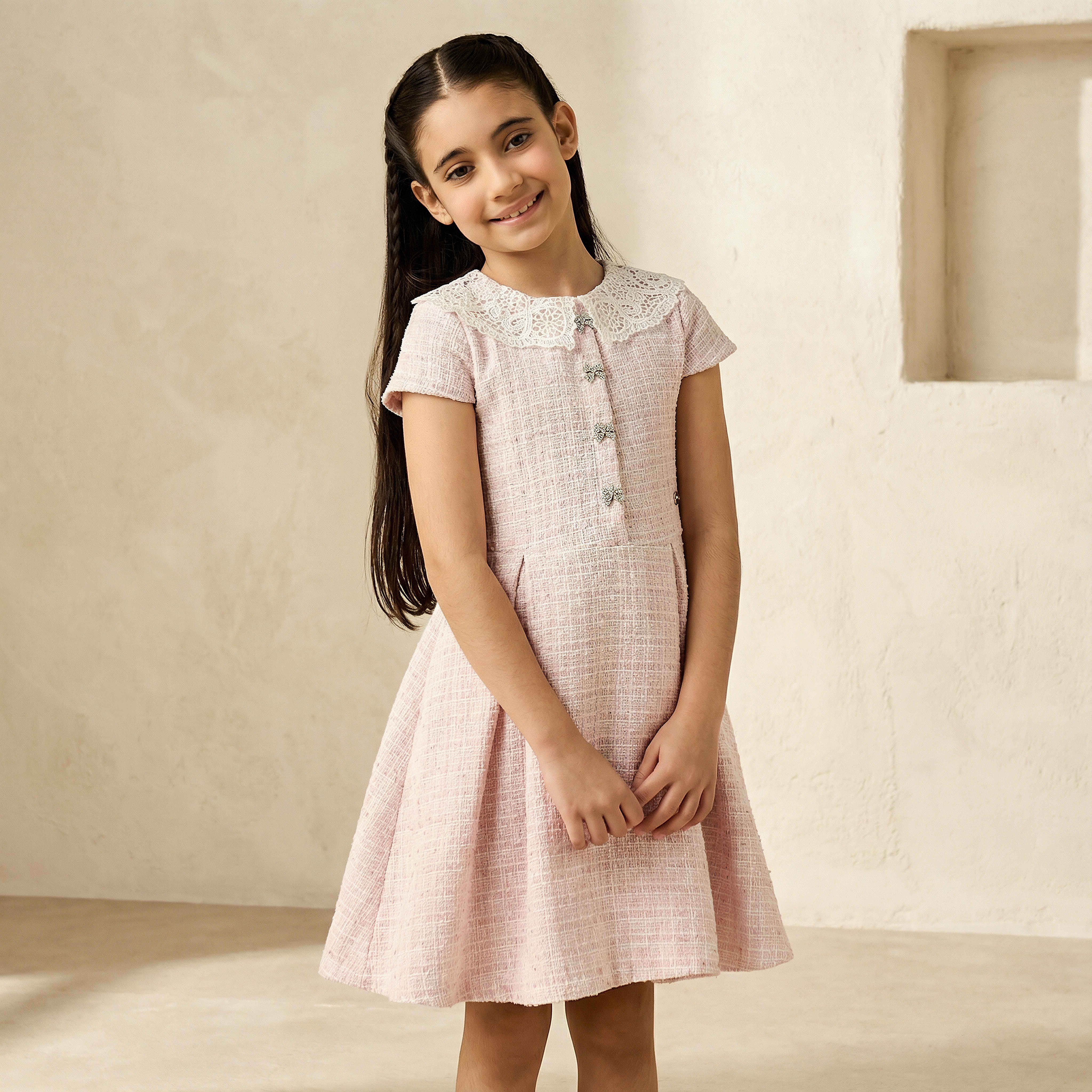 Eligo Peter Pan Collar Short Sleeves A-Line Dress with Pleats-girls-clothing-dressesandjumpsuits-image-1