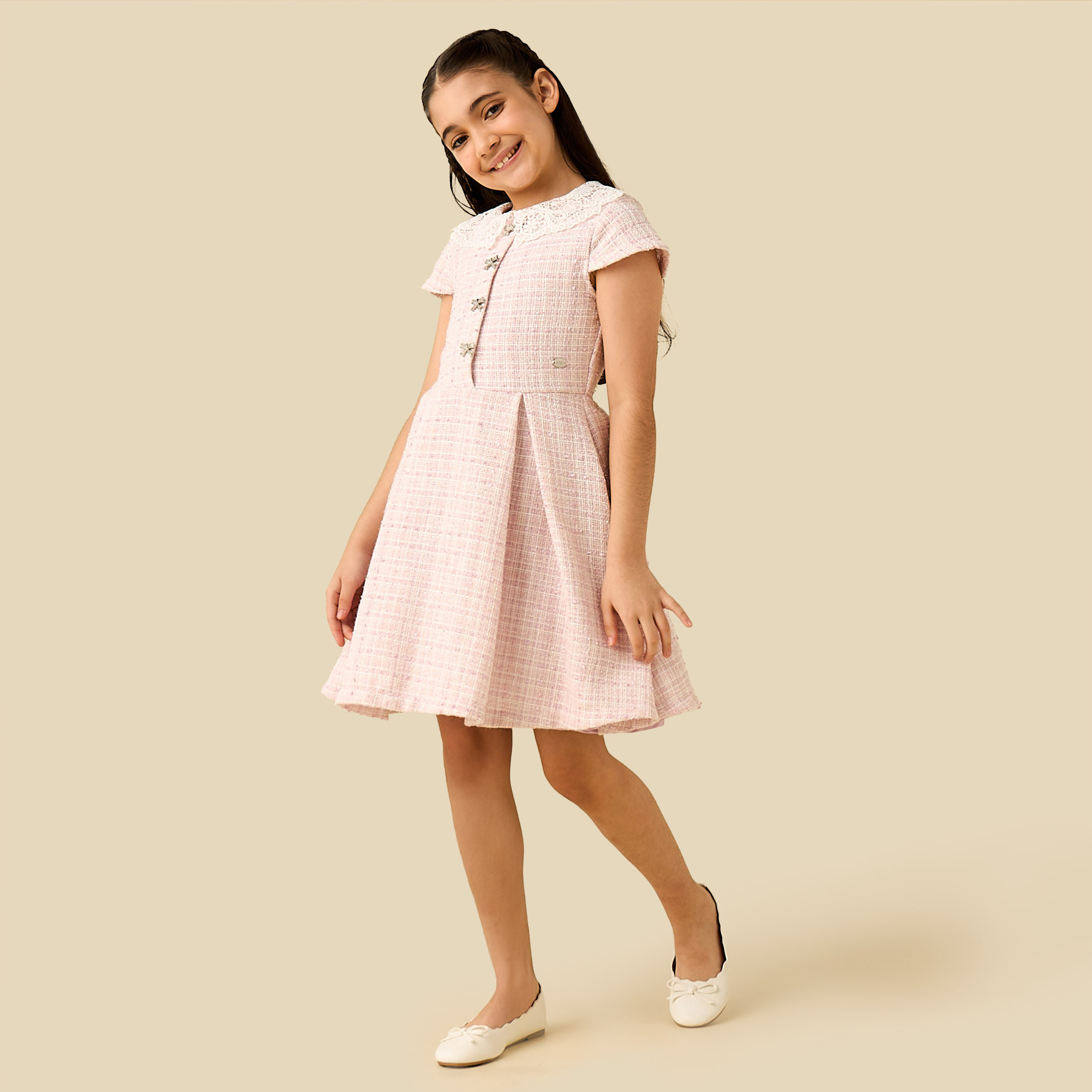 Eligo Peter Pan Collar Short Sleeves A-Line Dress with Pleats-girls-clothing-dressesandjumpsuits-image-2