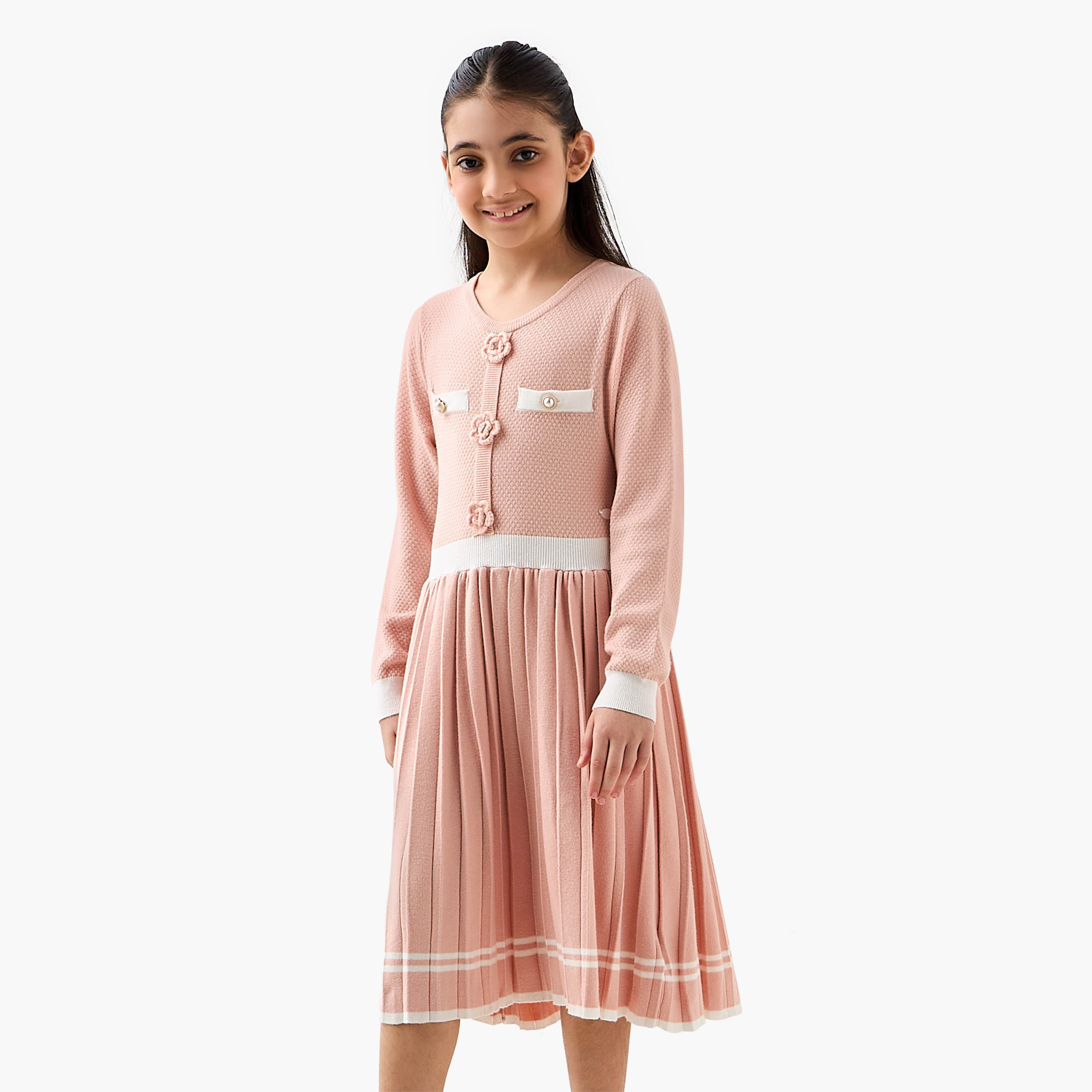 Eligo Round Neck Long Sleeves Midi Dress with Floral Applique-girls-clothing-dressesandjumpsuits-image-1