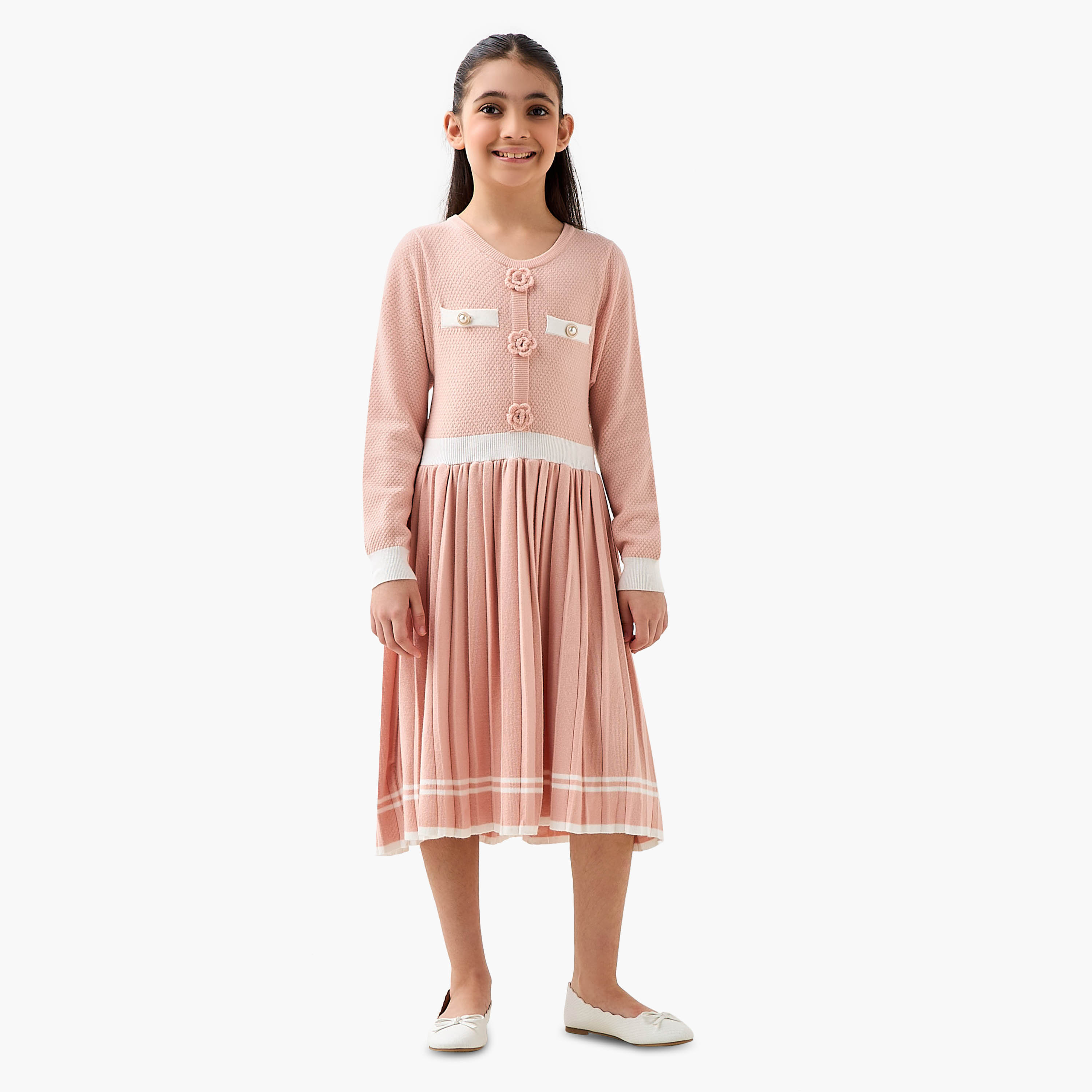 Eligo Round Neck Long Sleeves Midi Dress with Floral Applique-girls-clothing-dressesandjumpsuits-image-2