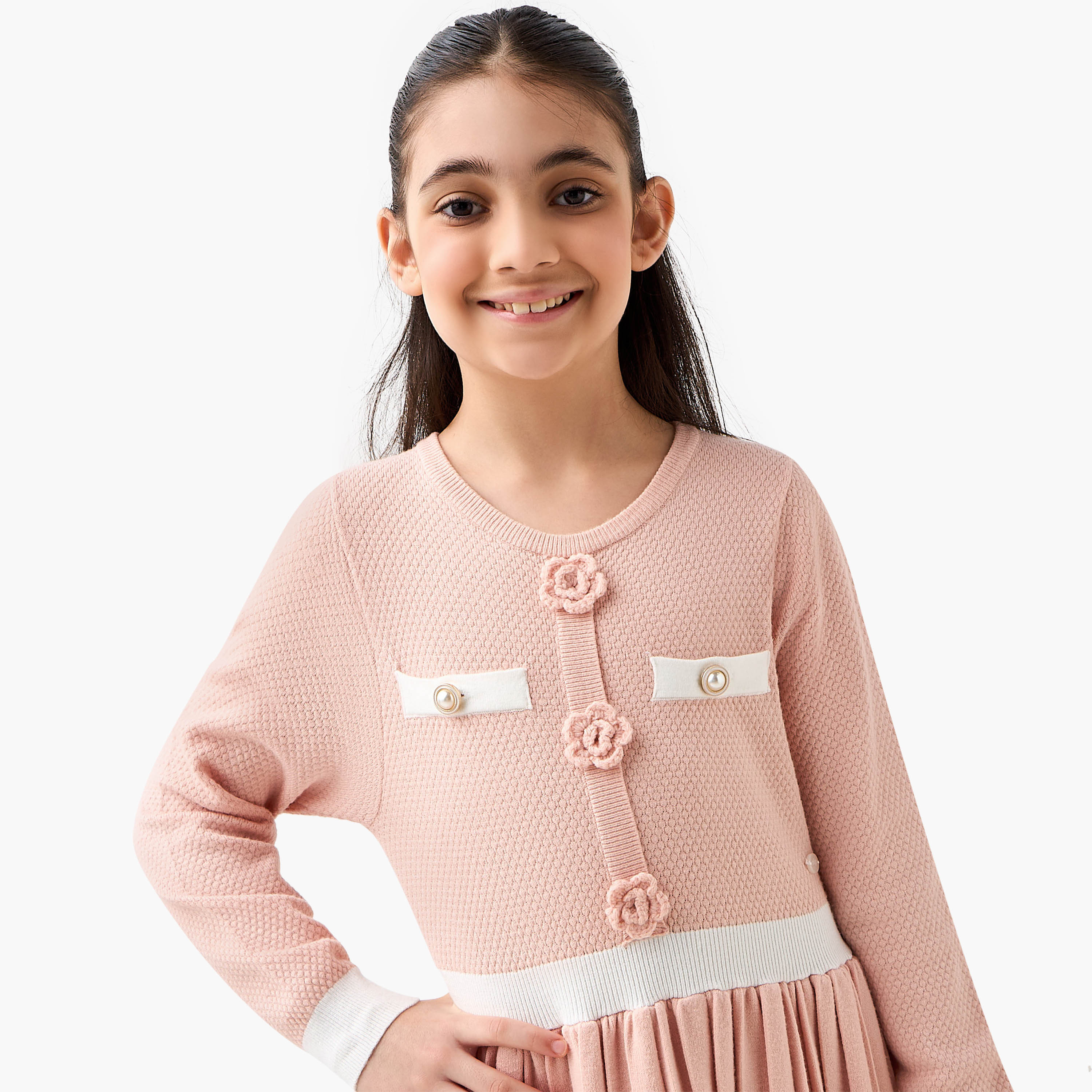 Eligo Round Neck Long Sleeves Midi Dress with Floral Applique-girls-clothing-dressesandjumpsuits-image-4