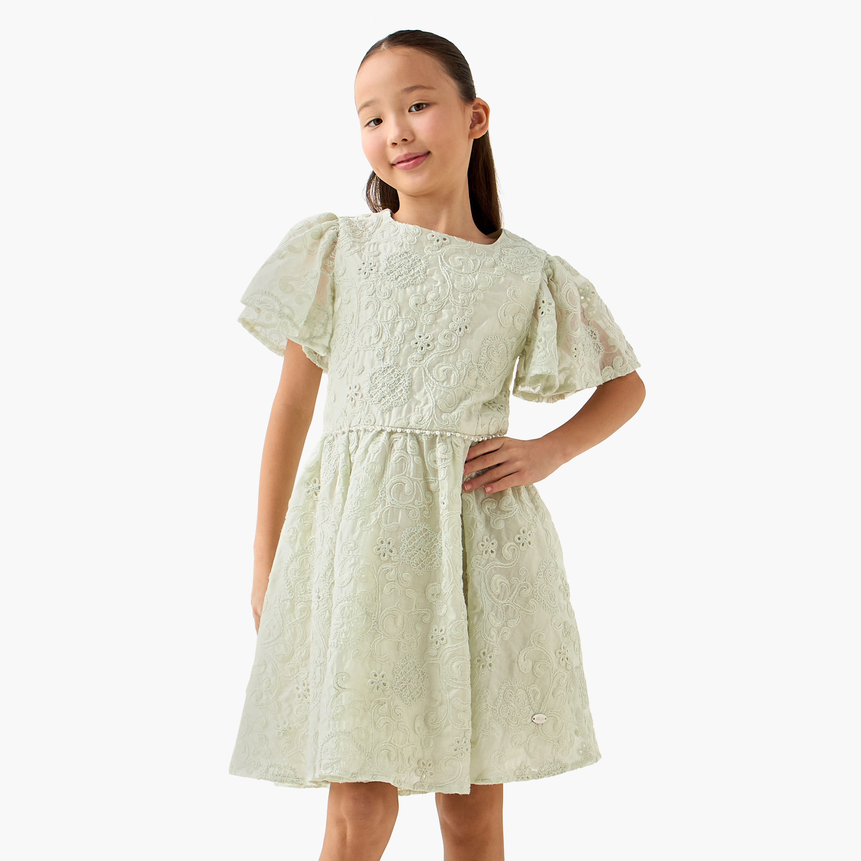 Eligo Square Neck Short Sleeves Dress with Embroidery-girls-clothing-dressesandjumpsuits-image-1