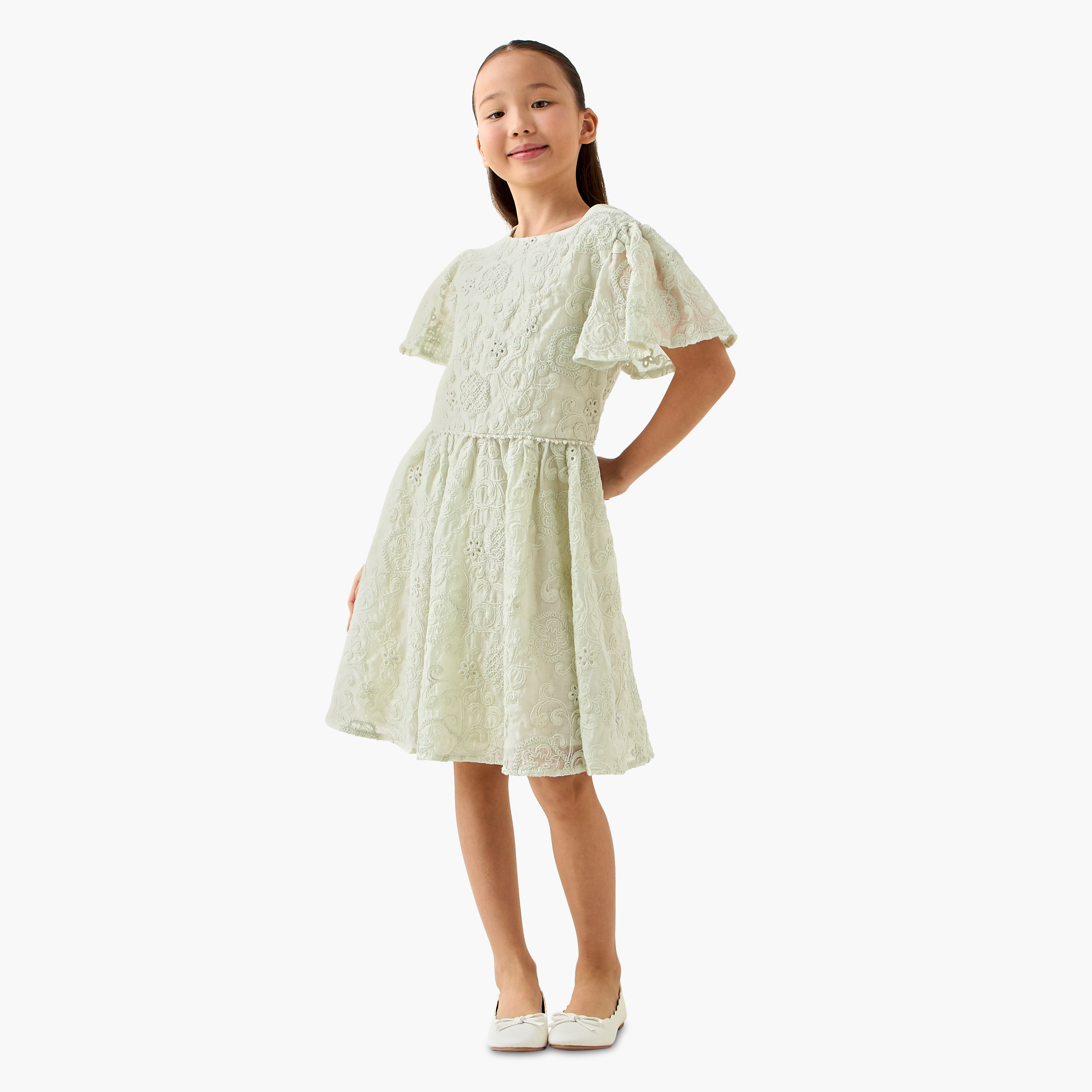 Eligo Square Neck Short Sleeves Dress with Embroidery-girls-clothing-dressesandjumpsuits-image-2