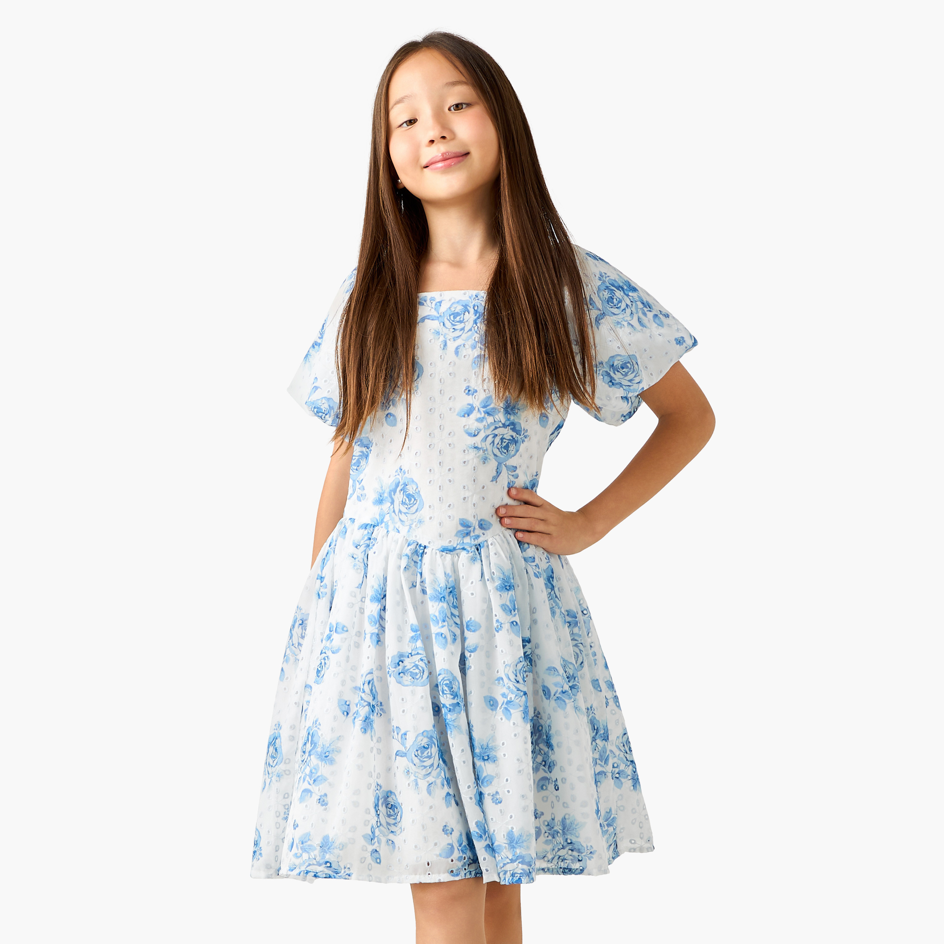 Eligo Square Neck Short Sleeve Dress with Floral Print-girls-clothing-dressesandjumpsuits-image-2