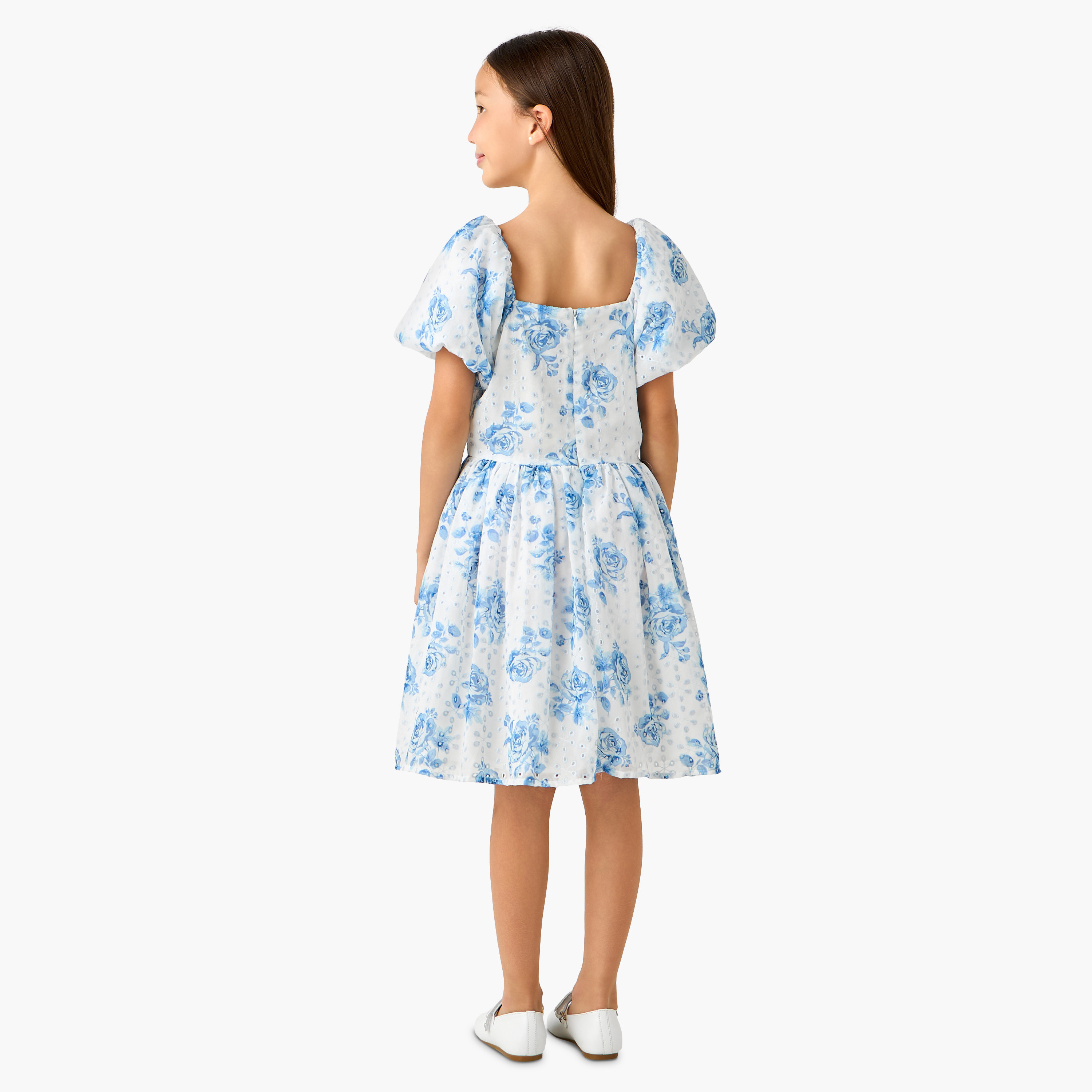 Eligo Square Neck Short Sleeve Dress with Floral Print-girls-clothing-dressesandjumpsuits-image-3